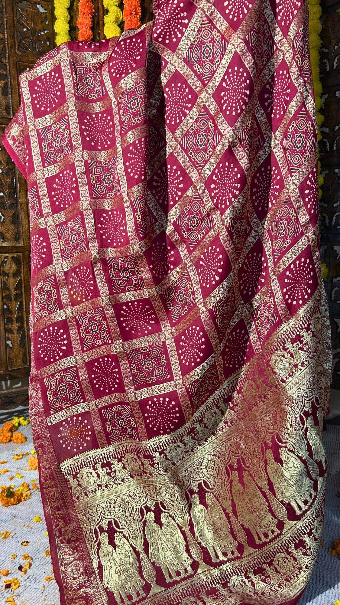 SWARNIMA - Ajrakh Gharchola Red Modal Silk Saree - Vasaka Jaipur