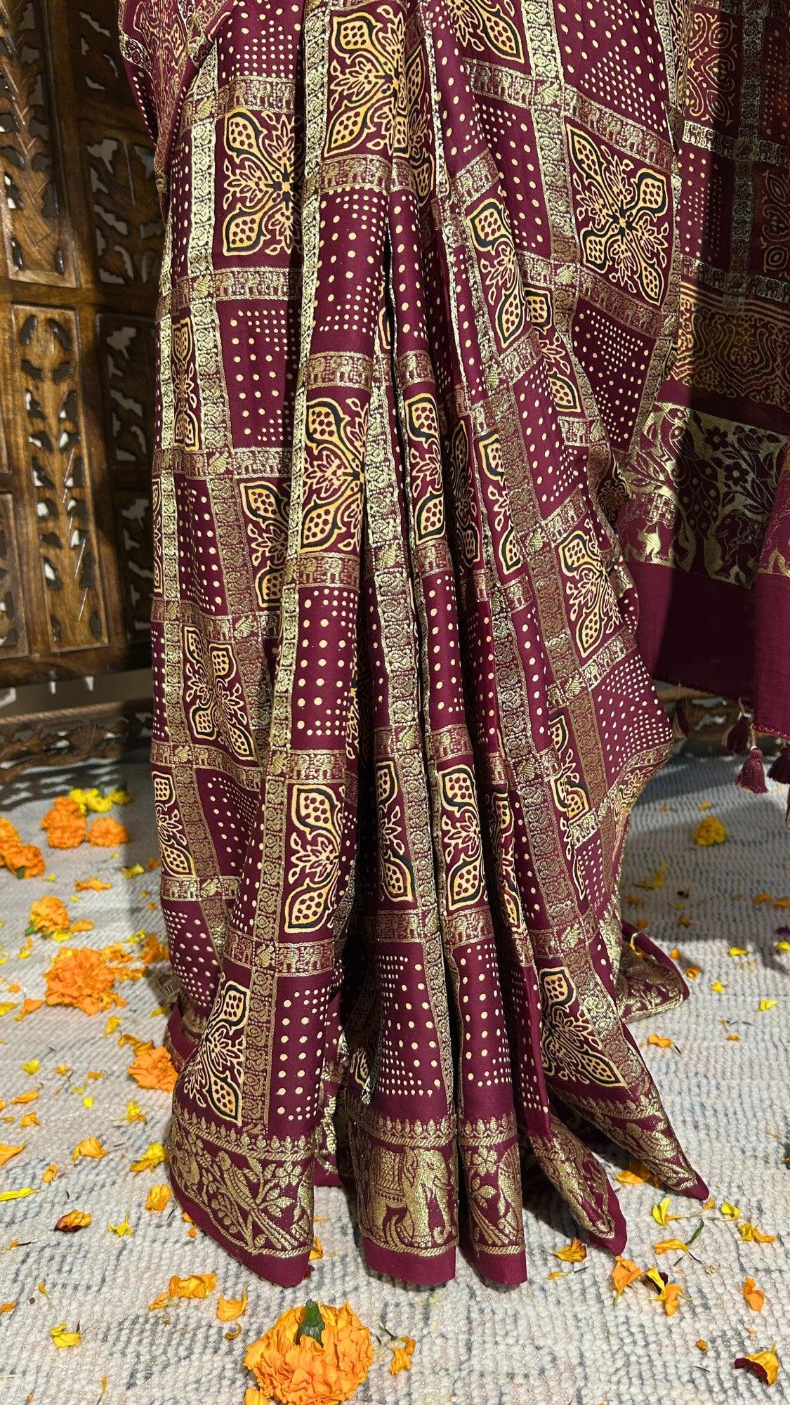 NANDINI - Ajrakh Gharchola Brownish Maroon Gajji Silk Saree - Vasaka Jaipur