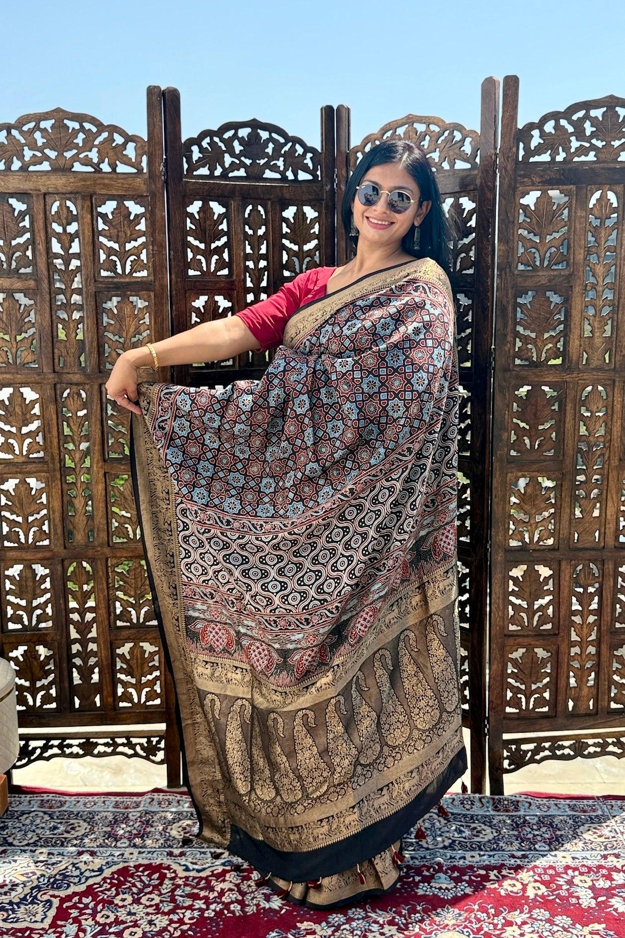 Black - Designer Ajrakh Handblock Premium Dola Silk Saree