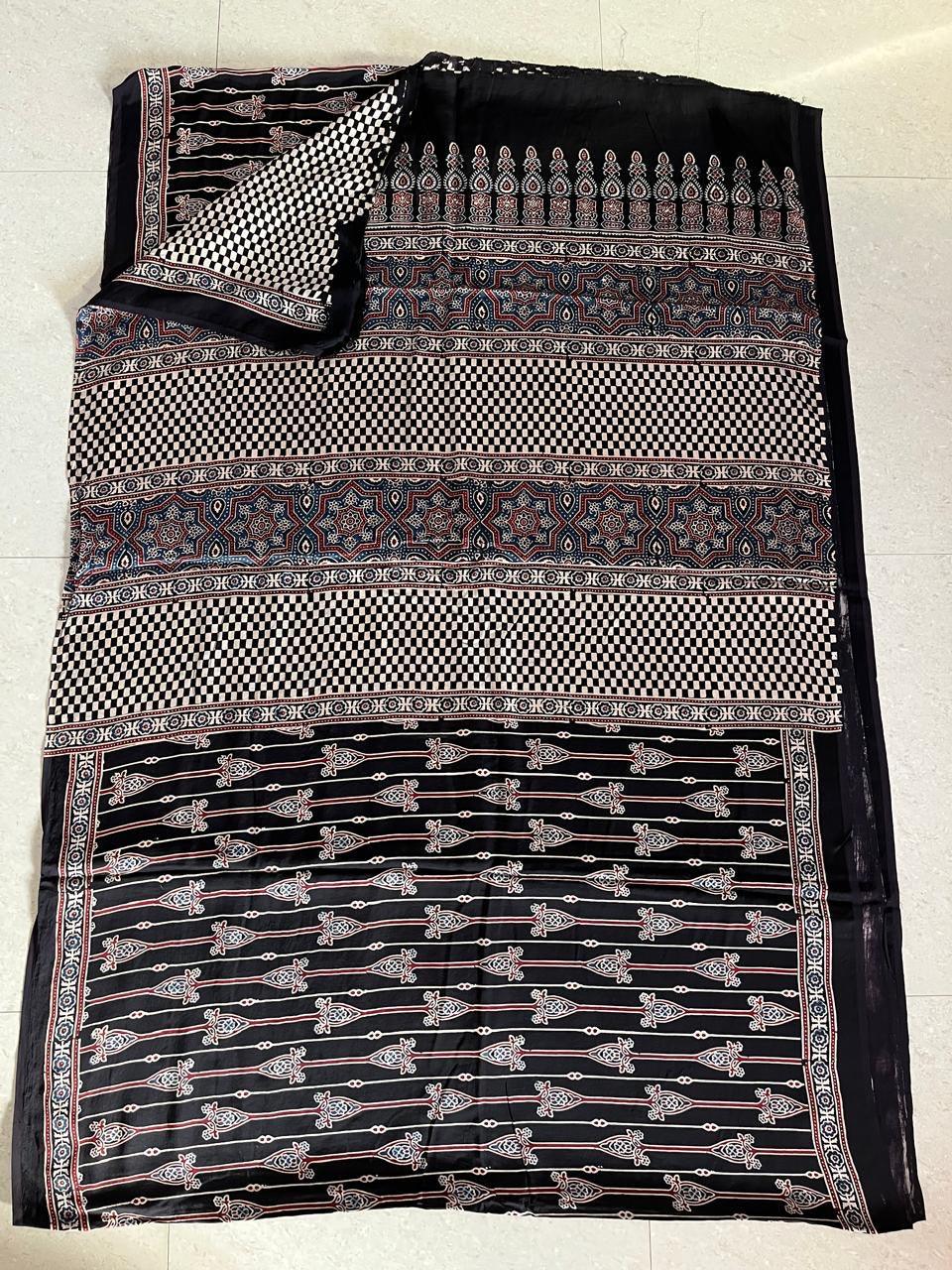 Black - Handblock printed ajrakh premium modal silk saree - Vasaka Jaipur