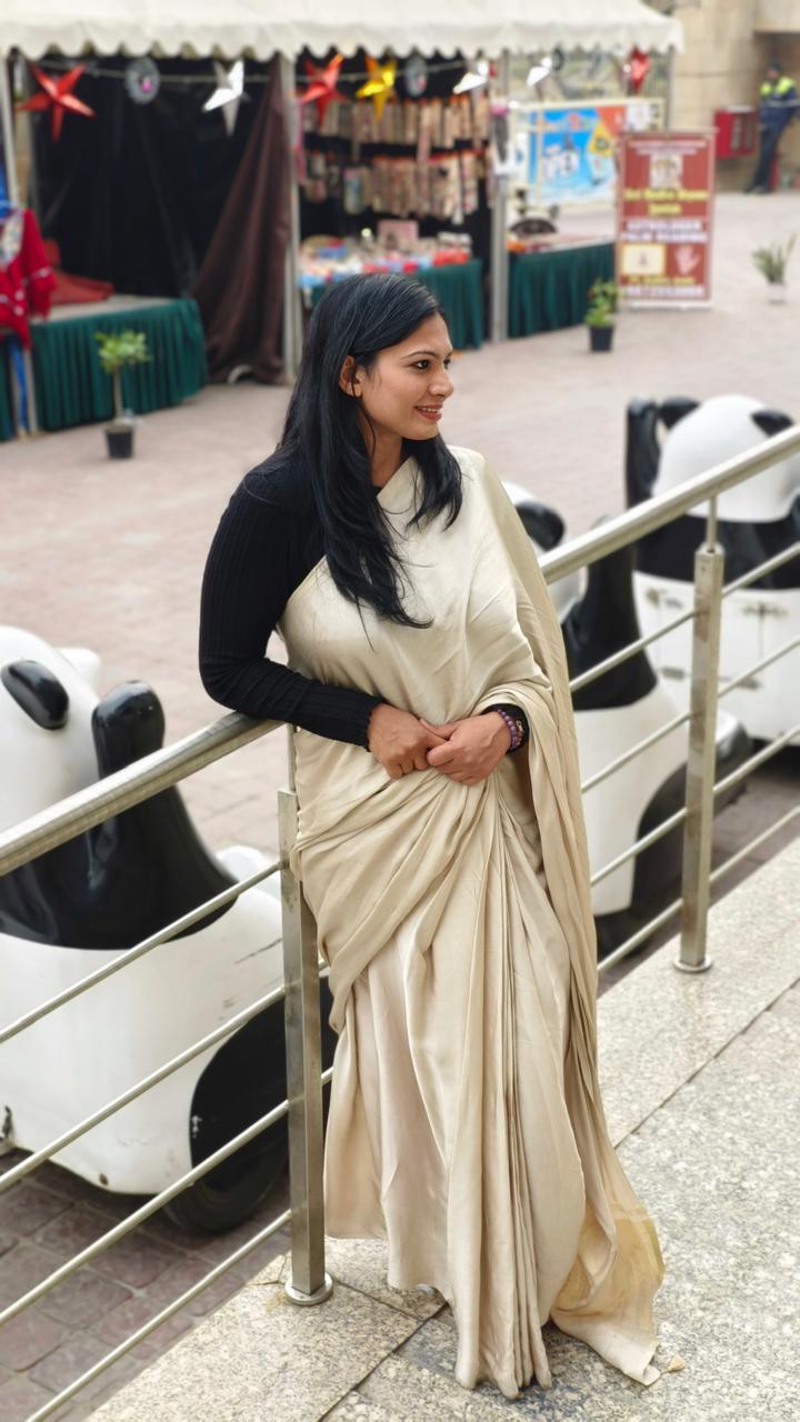 Off White Colour Modal Plain Saree With Tissue Pallu - Vasaka Jaipur