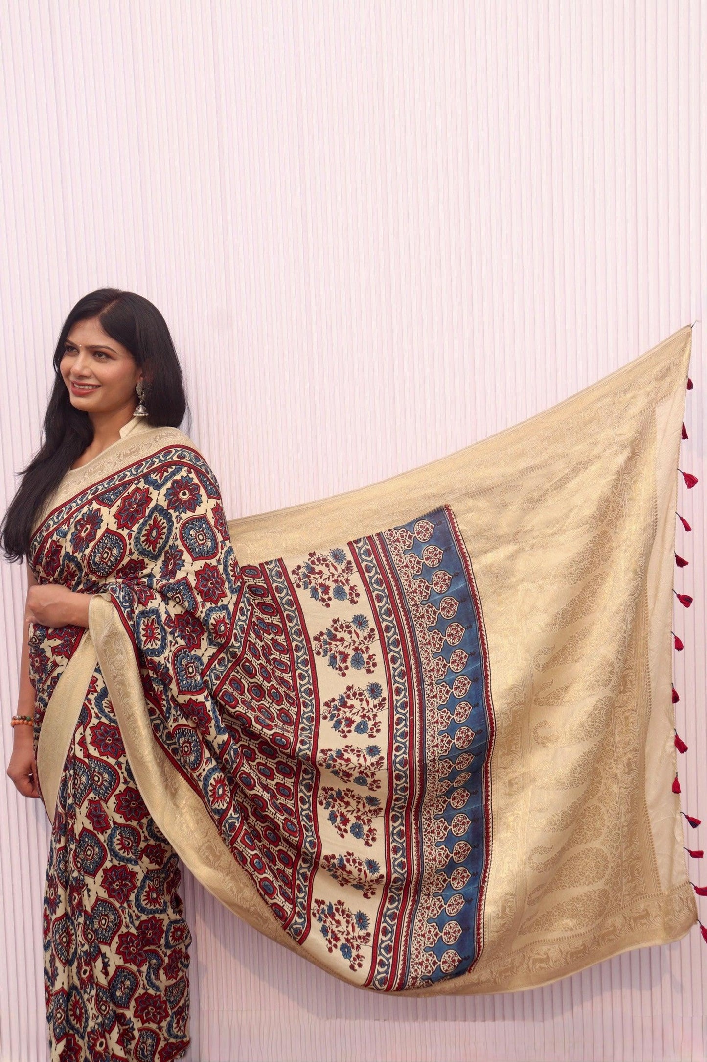 Beige - Designer Ajrakh Handblock Premium Dola Silk Saree - Vasaka Jaipur