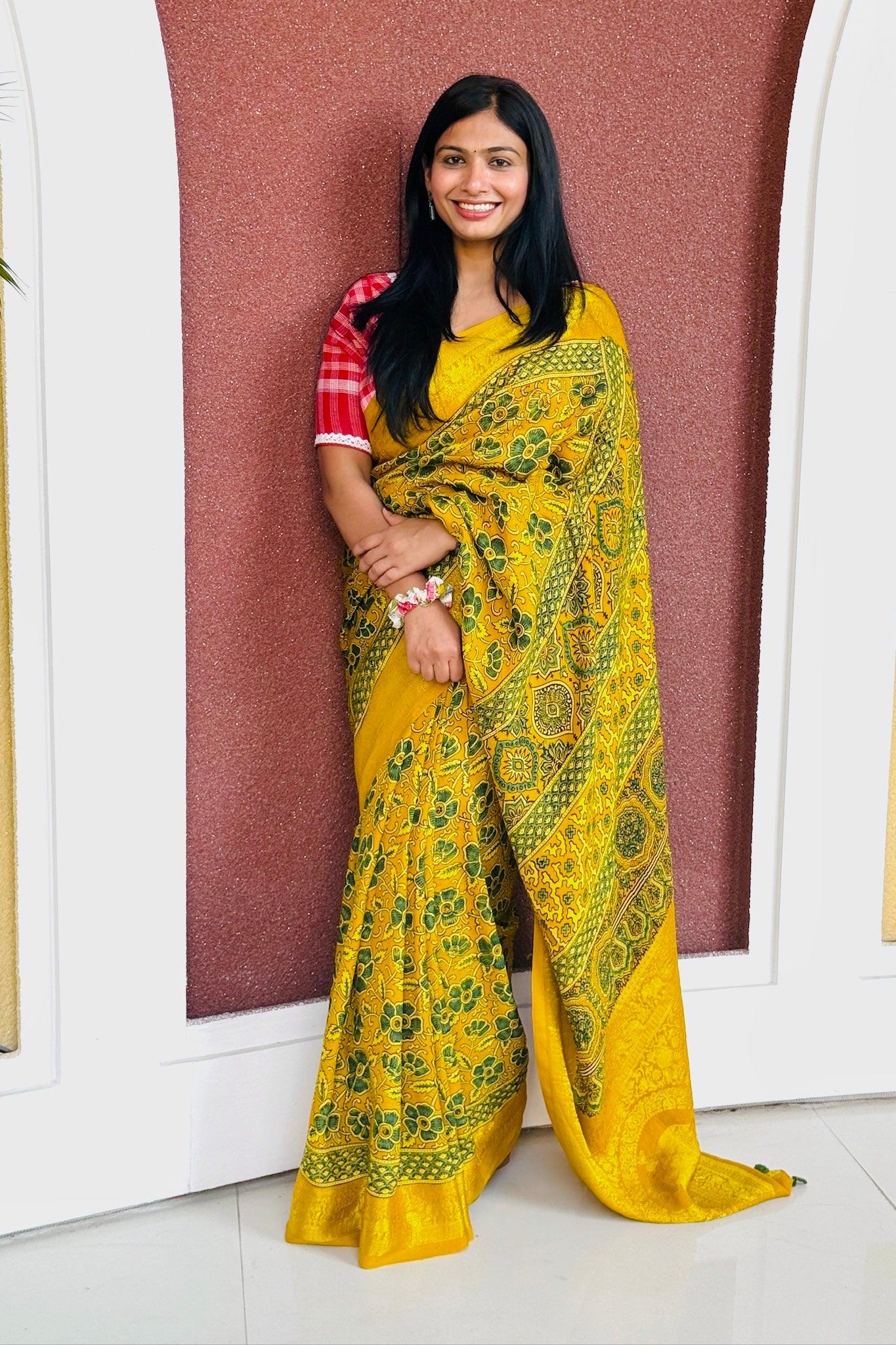 Yellow Gulistan - Designer Ajrakh Handblock Premium Dola Silk Saree