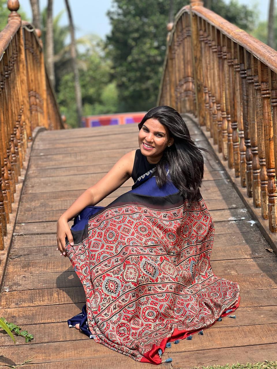 Blue - Needle Shibori Modal Saree With Ajrakh Pallu & Blouse - Vasaka Jaipur