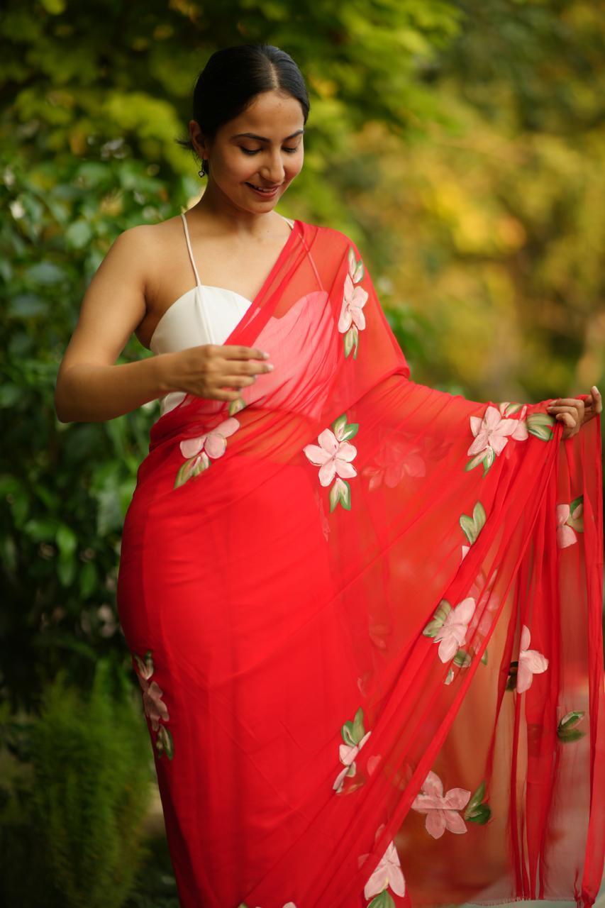 Shivani - Red Handpainted Chiffon Saree - Vasaka Jaipur