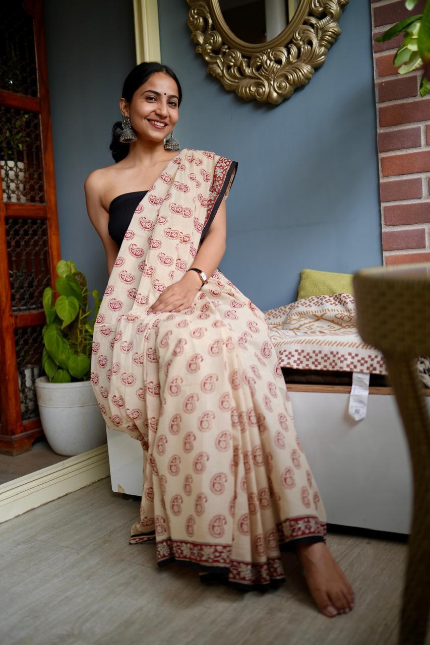 Beige Paisely Hand Block Printed Cotton Saree - Vasaka Jaipur