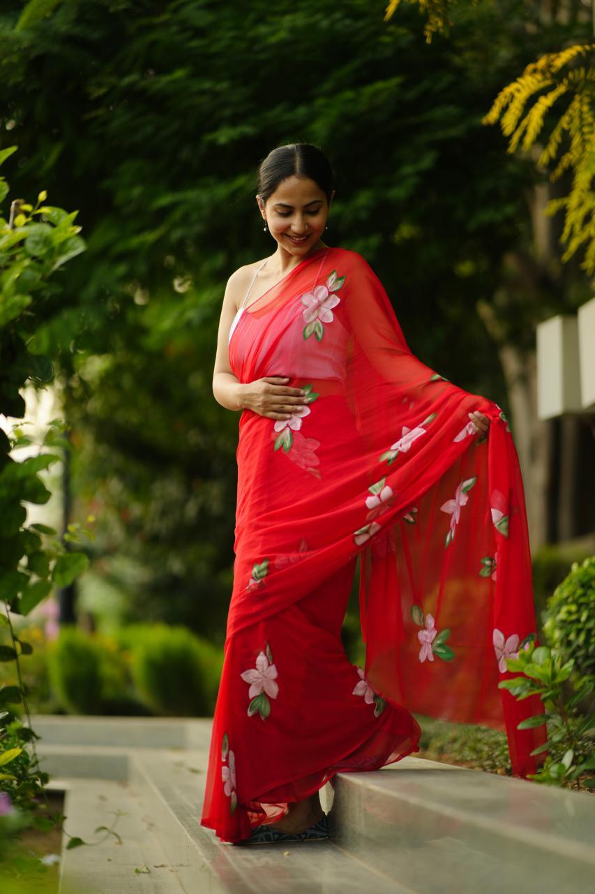 Shivani - Red Handpainted Chiffon Saree - Vasaka Jaipur