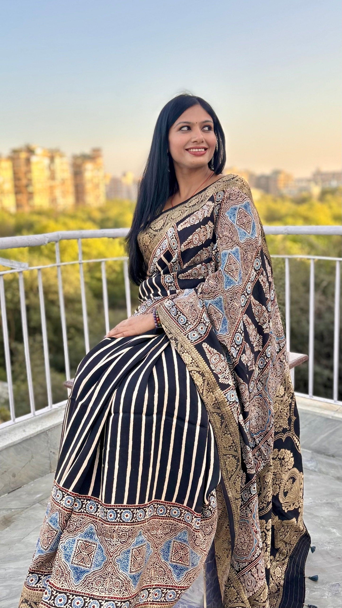 Black - Ajrakh Handblock Dola Silk Saree