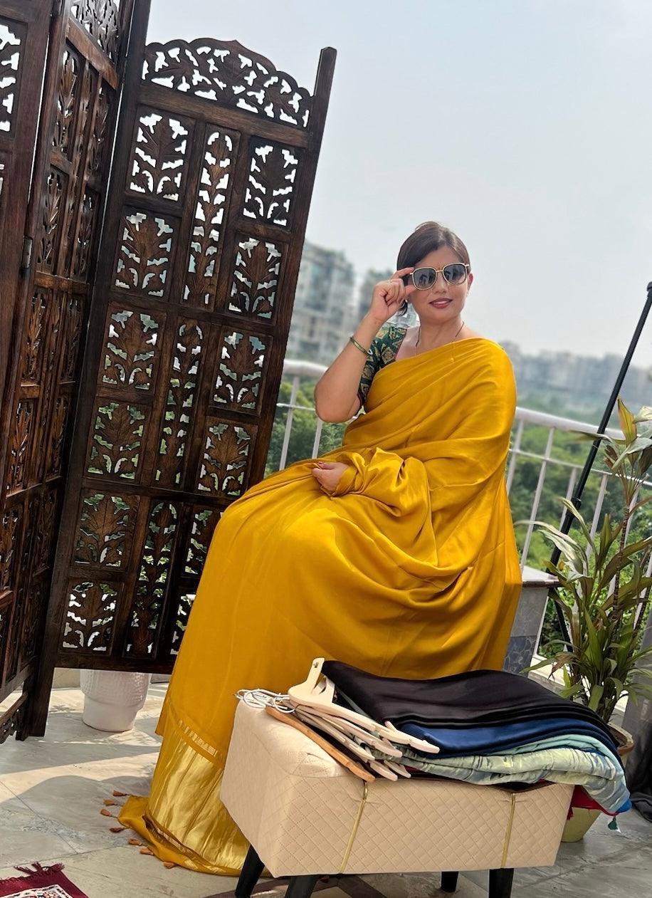 Yellow Colour Modal Plain Saree With Tissue Pallu - Vasaka Jaipur