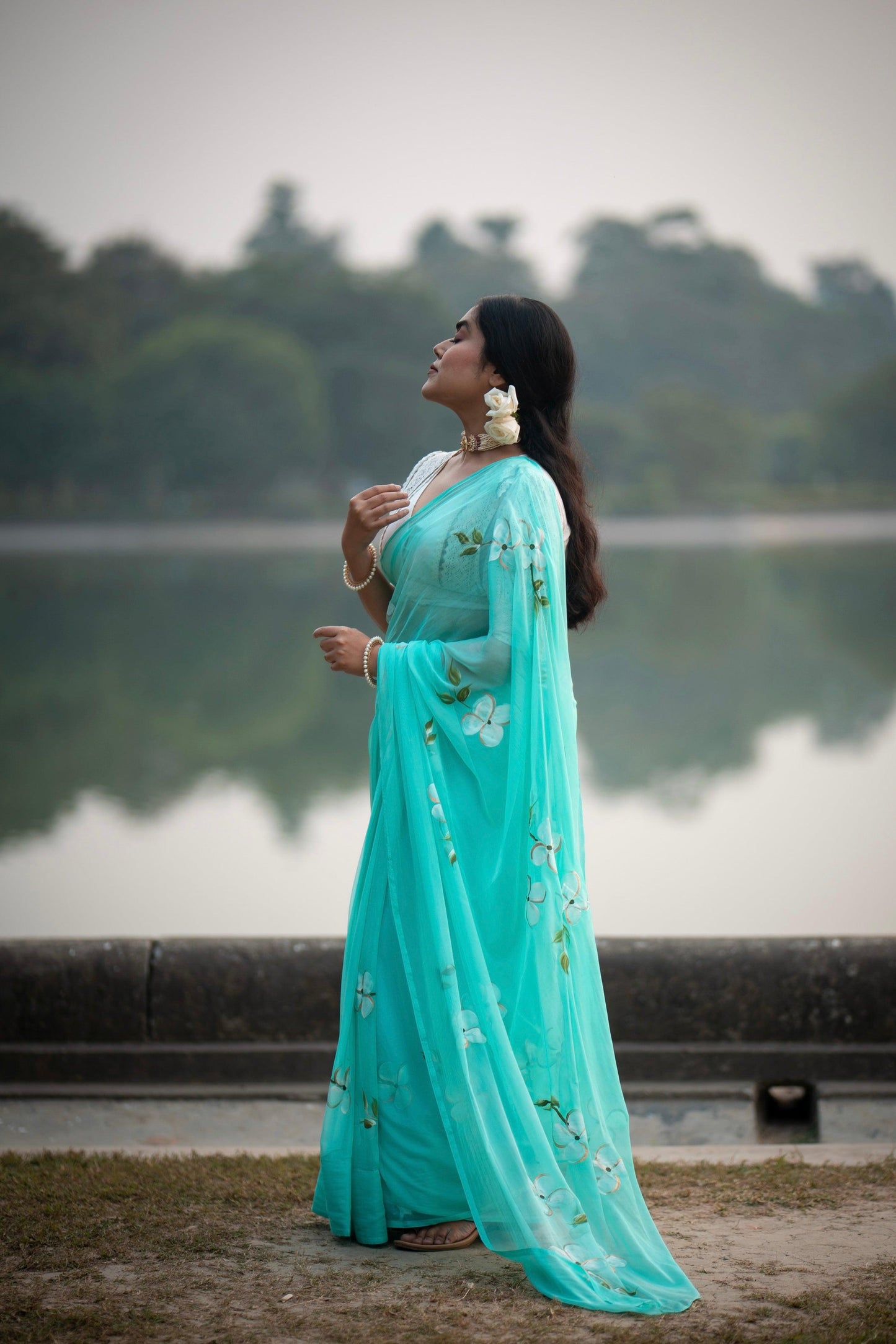 Teal Blue - Handpainted Chiffon Saree