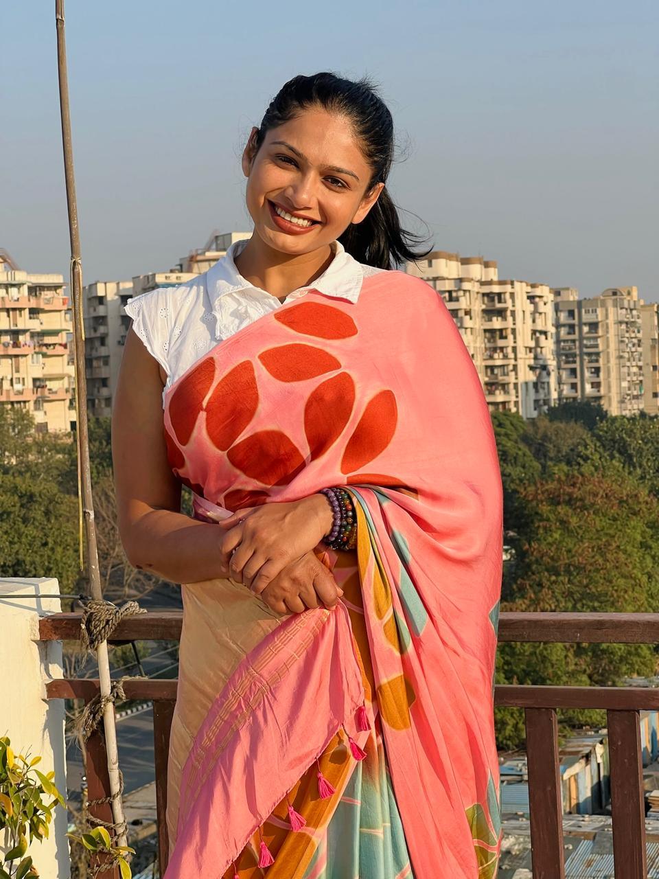 Pastel Pink - Clamp Dyed Modal Silk Saree - Vasaka Jaipur