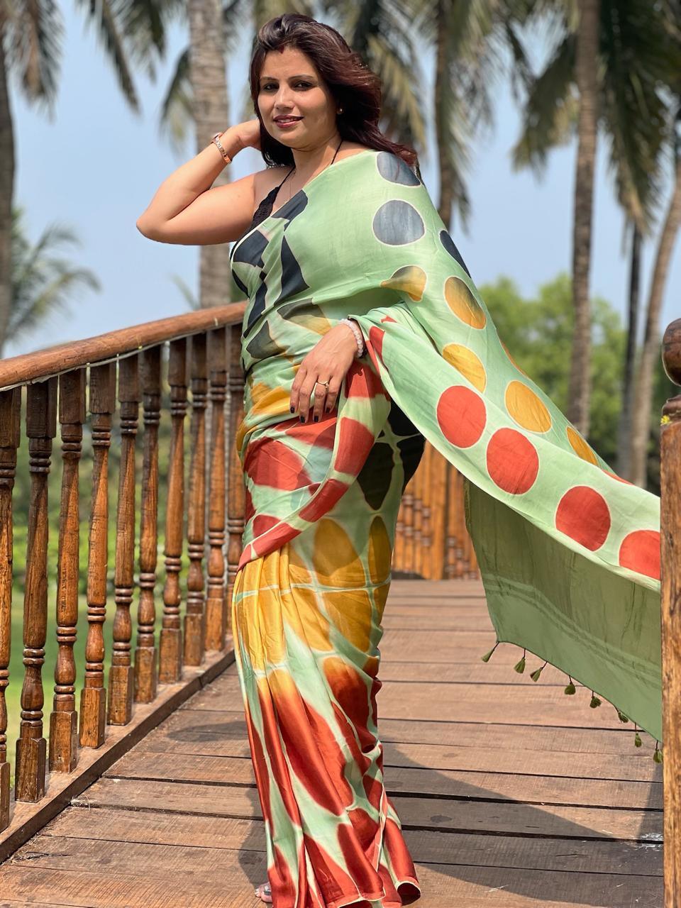 Sea Green - Clamp Dyed Modal Silk Saree - Vasaka Jaipur