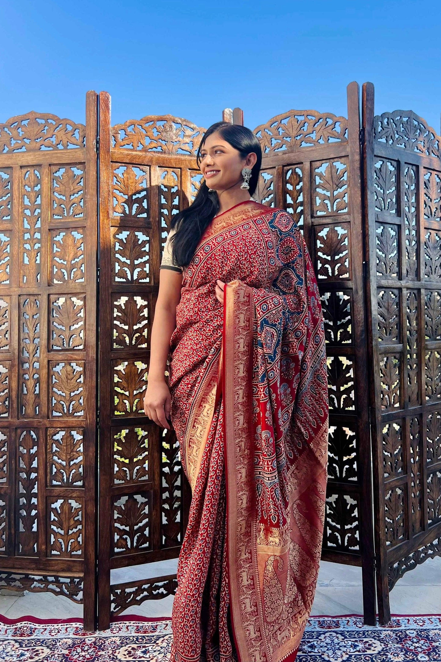 Red - Designer Ajrakh Handblock Premium Dola Silk Saree