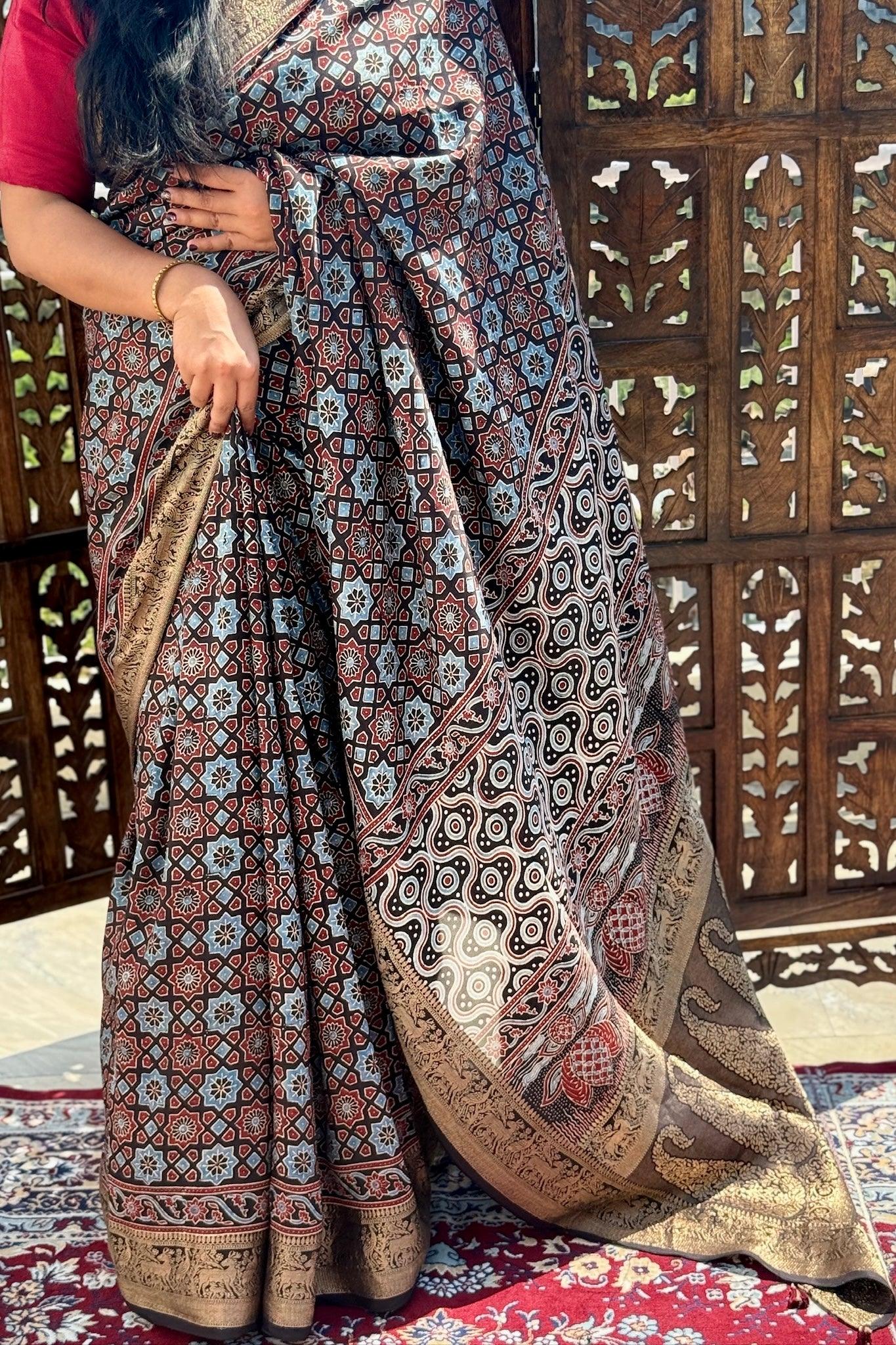 Black - Designer Ajrakh Handblock Premium Dola Silk Saree