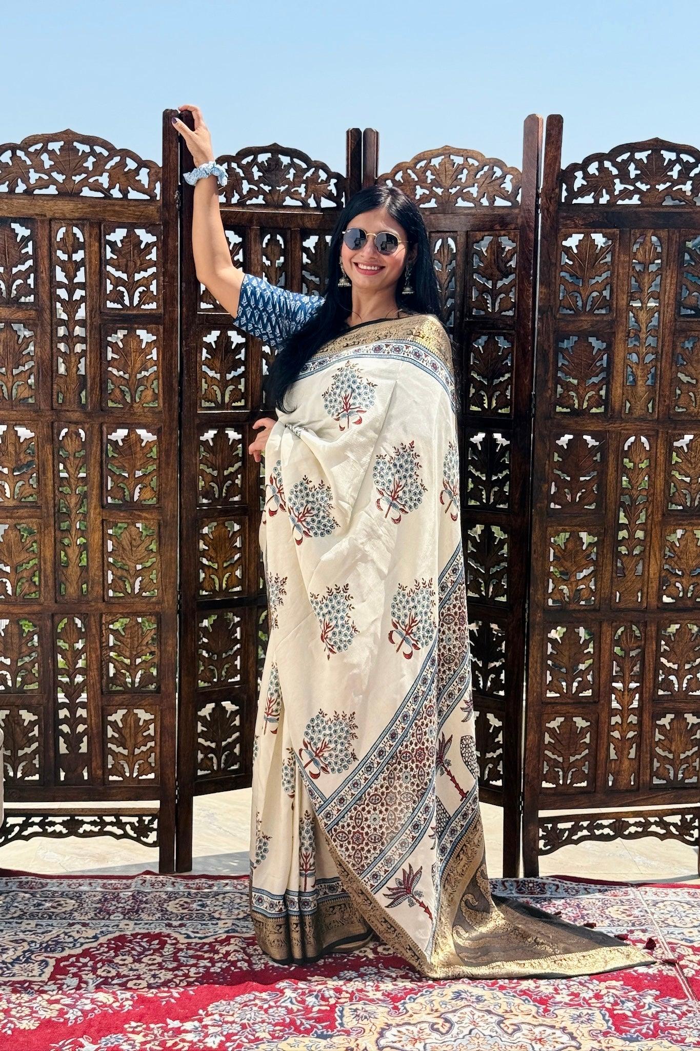 Beige - Designer Ajrakh Handblock Premium Dola Silk Saree
