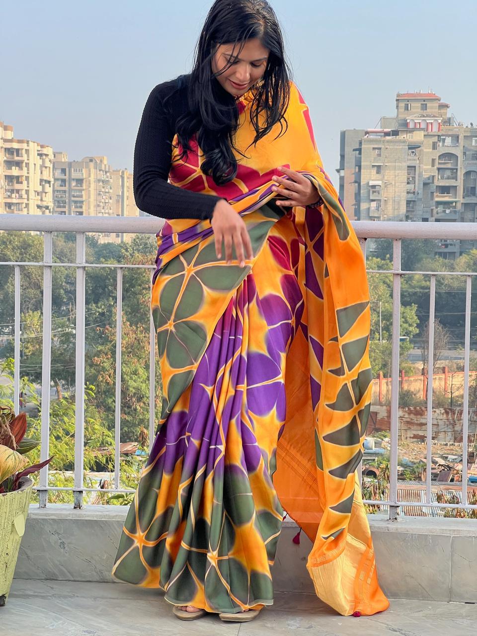 Orange - Clamp Dyed Modal Silk Saree - Vasaka Jaipur