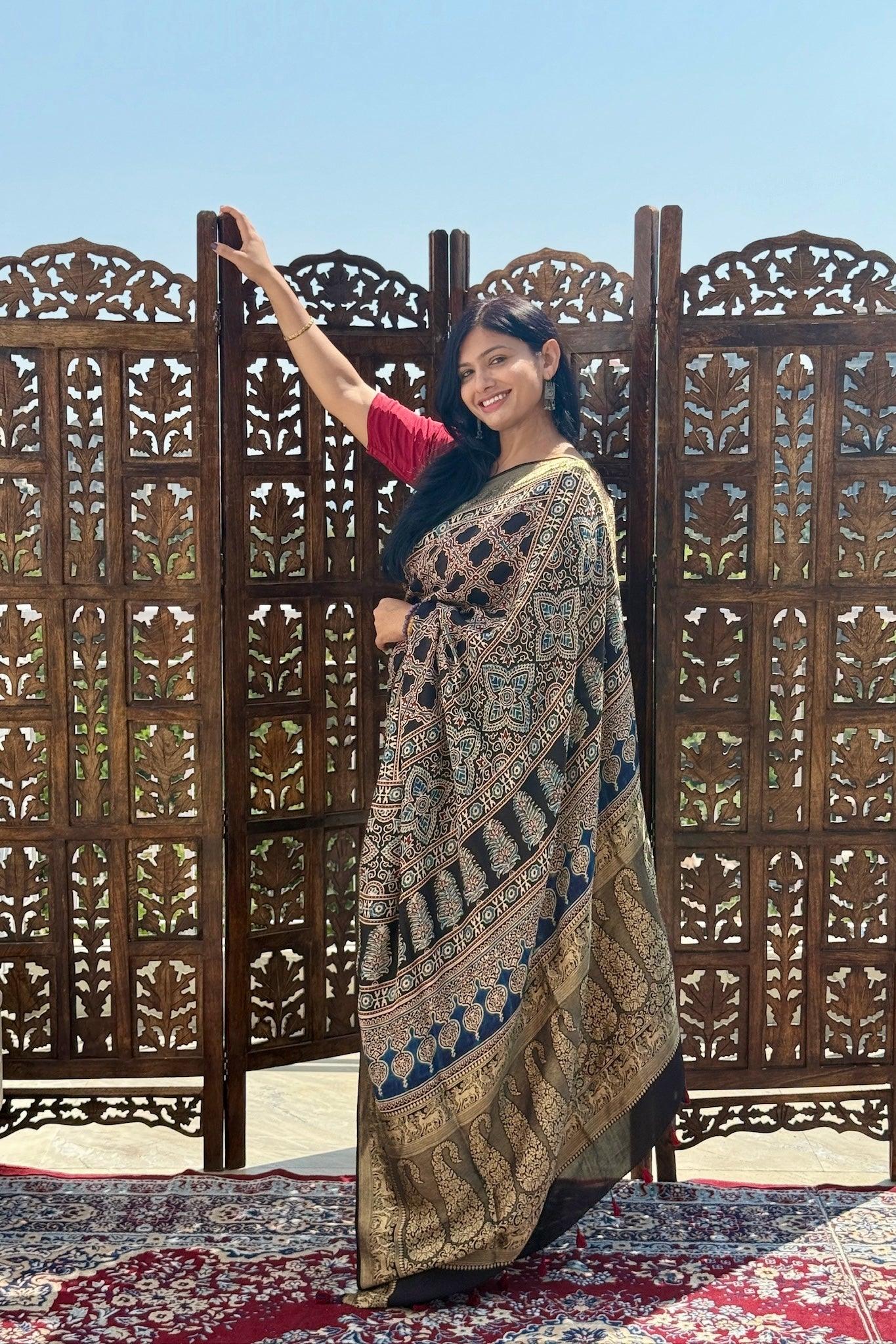 Black - Designer Ajrakh Handblock Premium Dola Silk Saree
