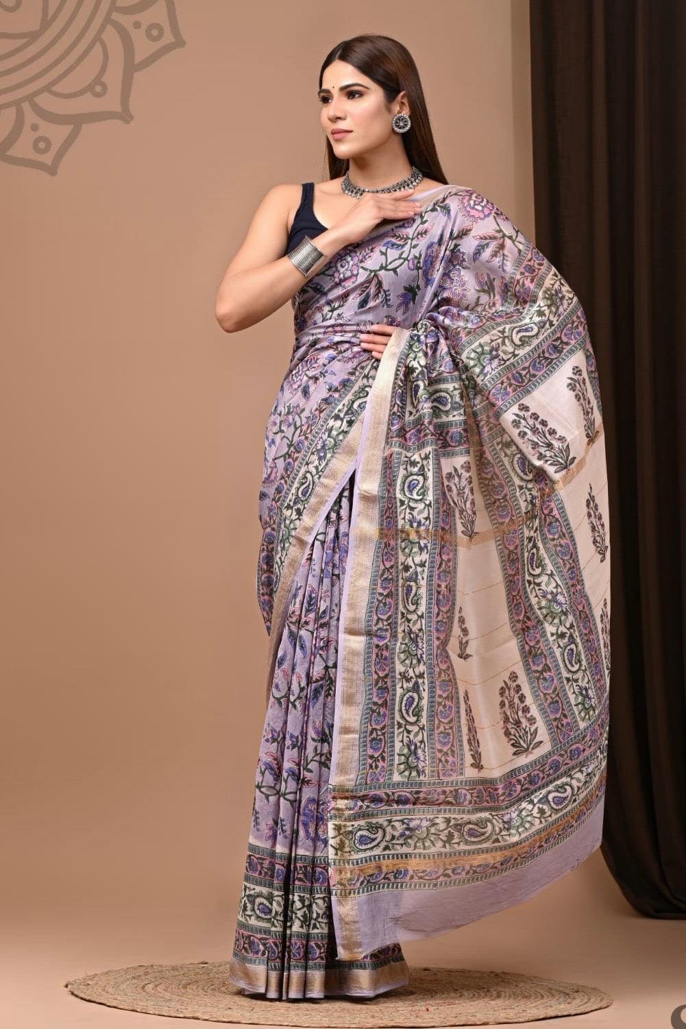 Lavender - Handblock Maheshwari Silk Saree