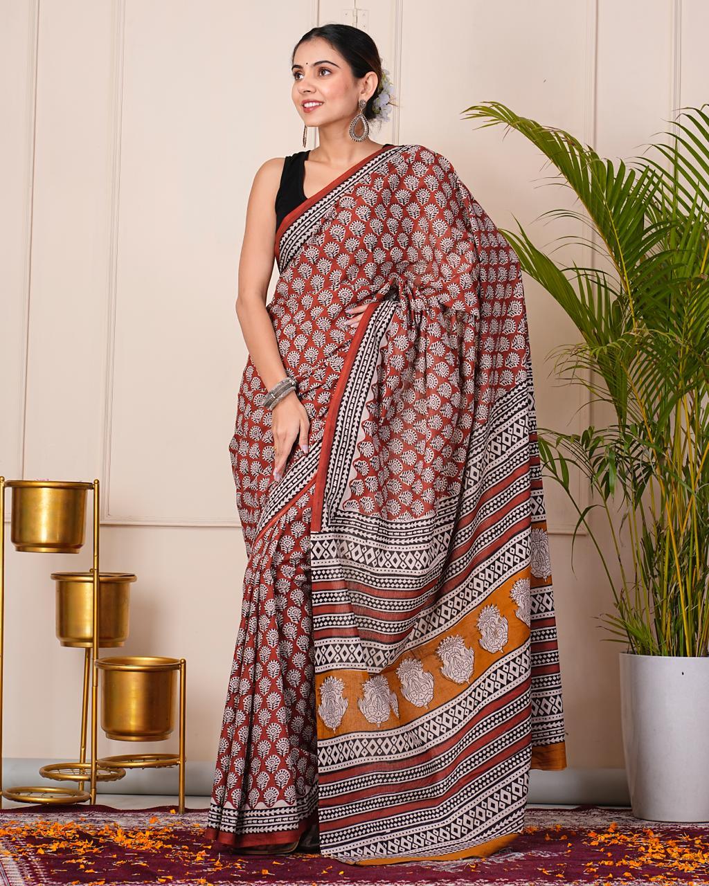 Brick Red_ Mulmul Cotton Saree - Vasaka Jaipur