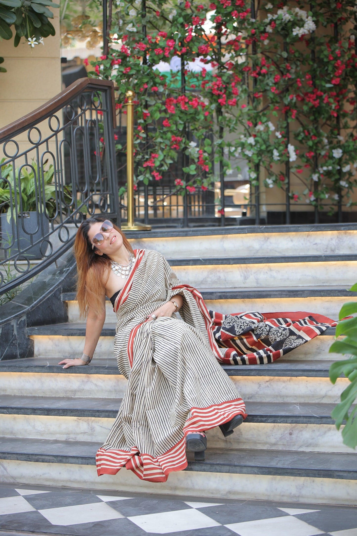 Beige - Striped Hand Block Print Cotton Saree
