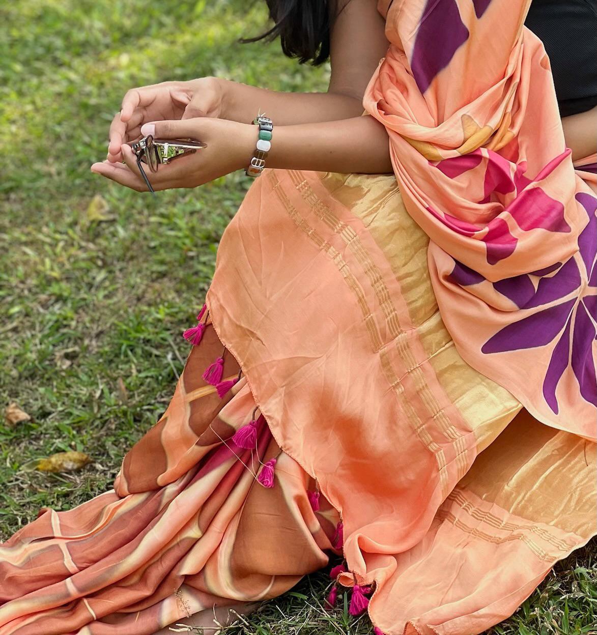 Peach - Clamp Dyed Modal Silk Saree - Vasaka Jaipur