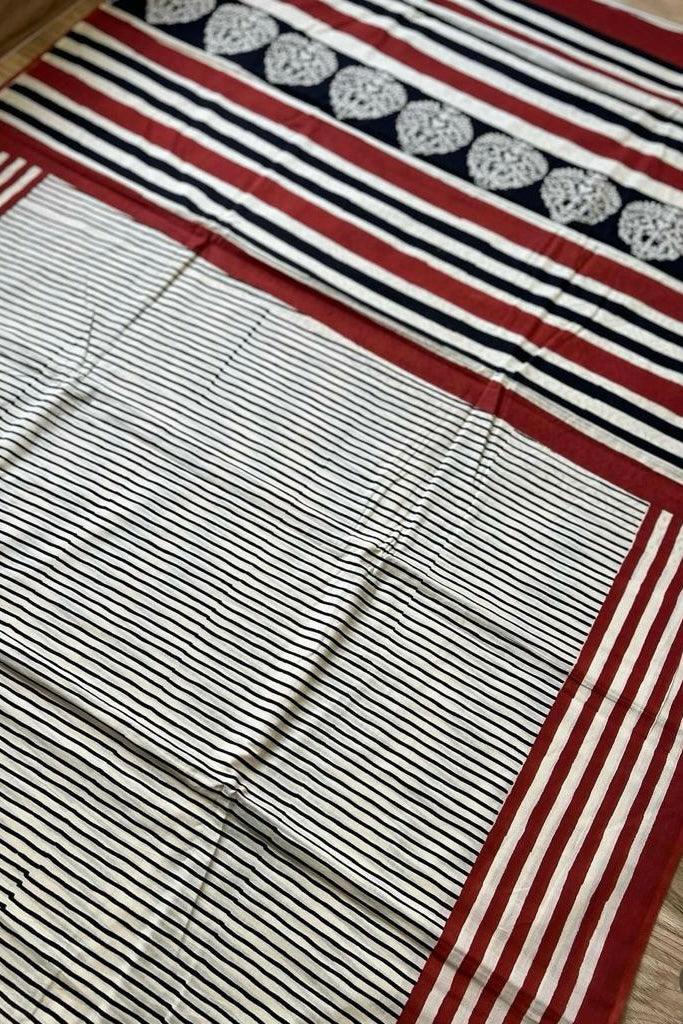 Beige - Striped Hand Block Print Cotton Saree
