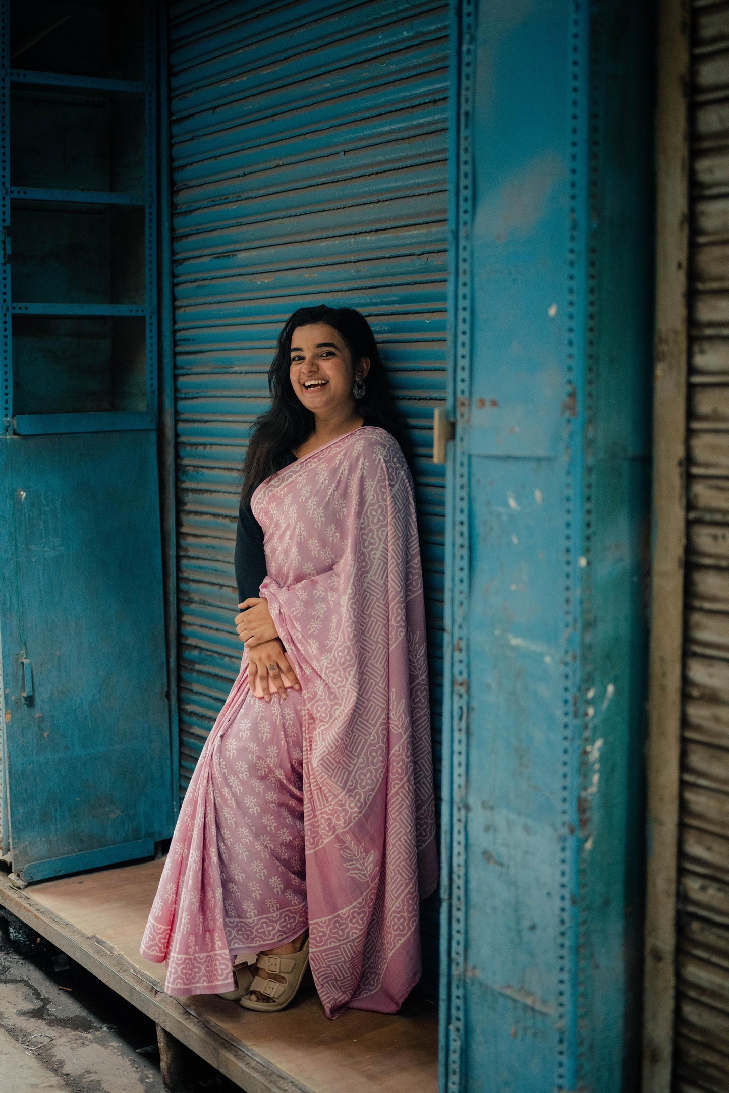 Pastel Pink Hand Block Printed Cotton Saree - Vasaka Jaipur