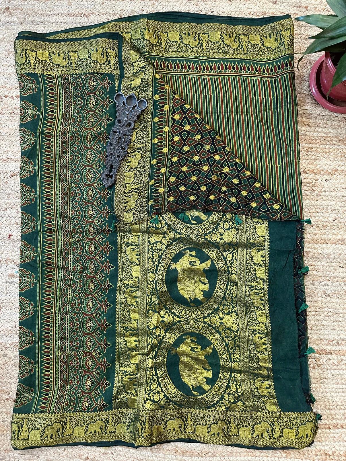 Olive Green- Ajrakh Handblock Dola Silk Saree - Vasaka Jaipur