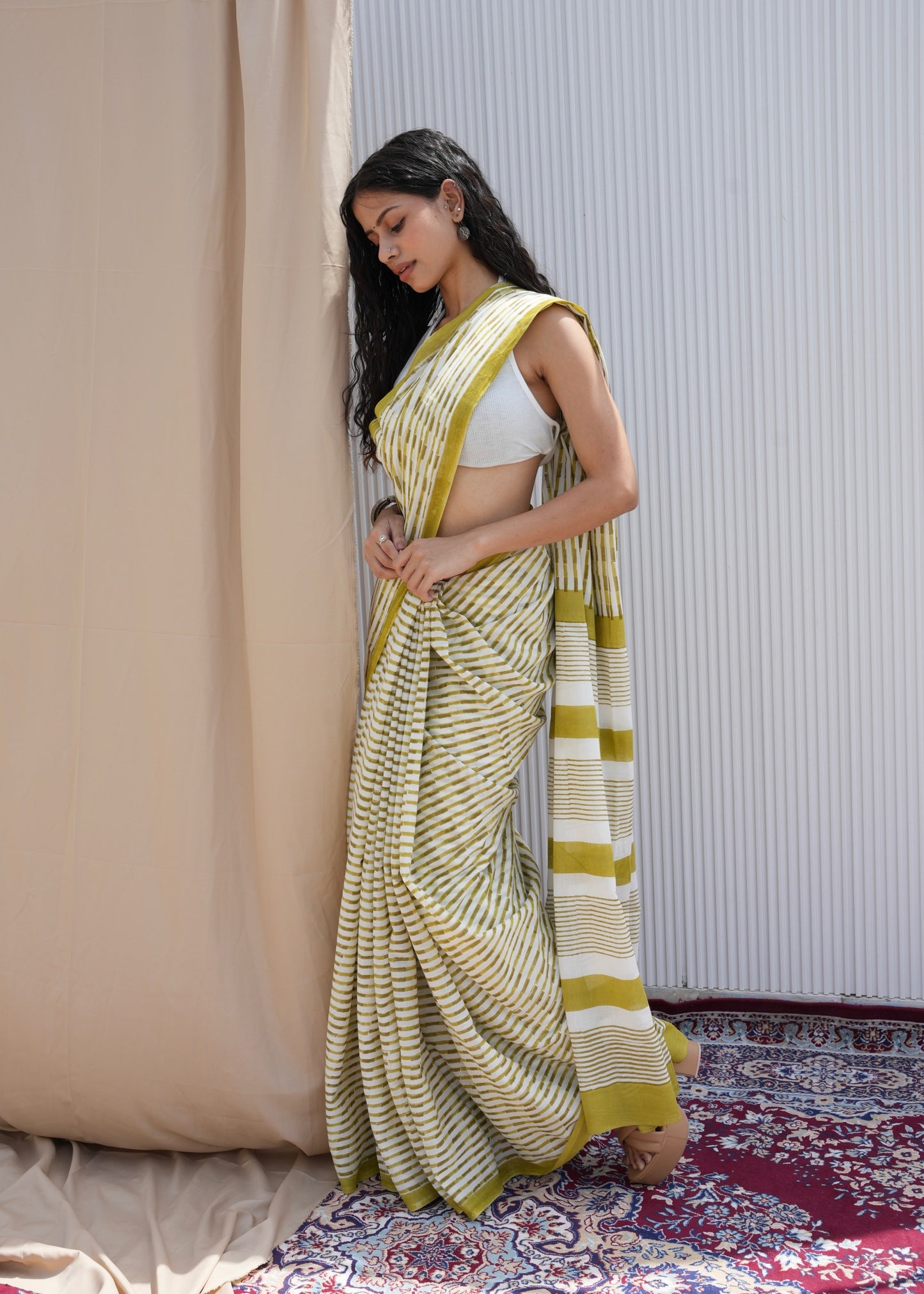 GAURI_Heritage Hand Block Printed Pure Cotton Striped Saree