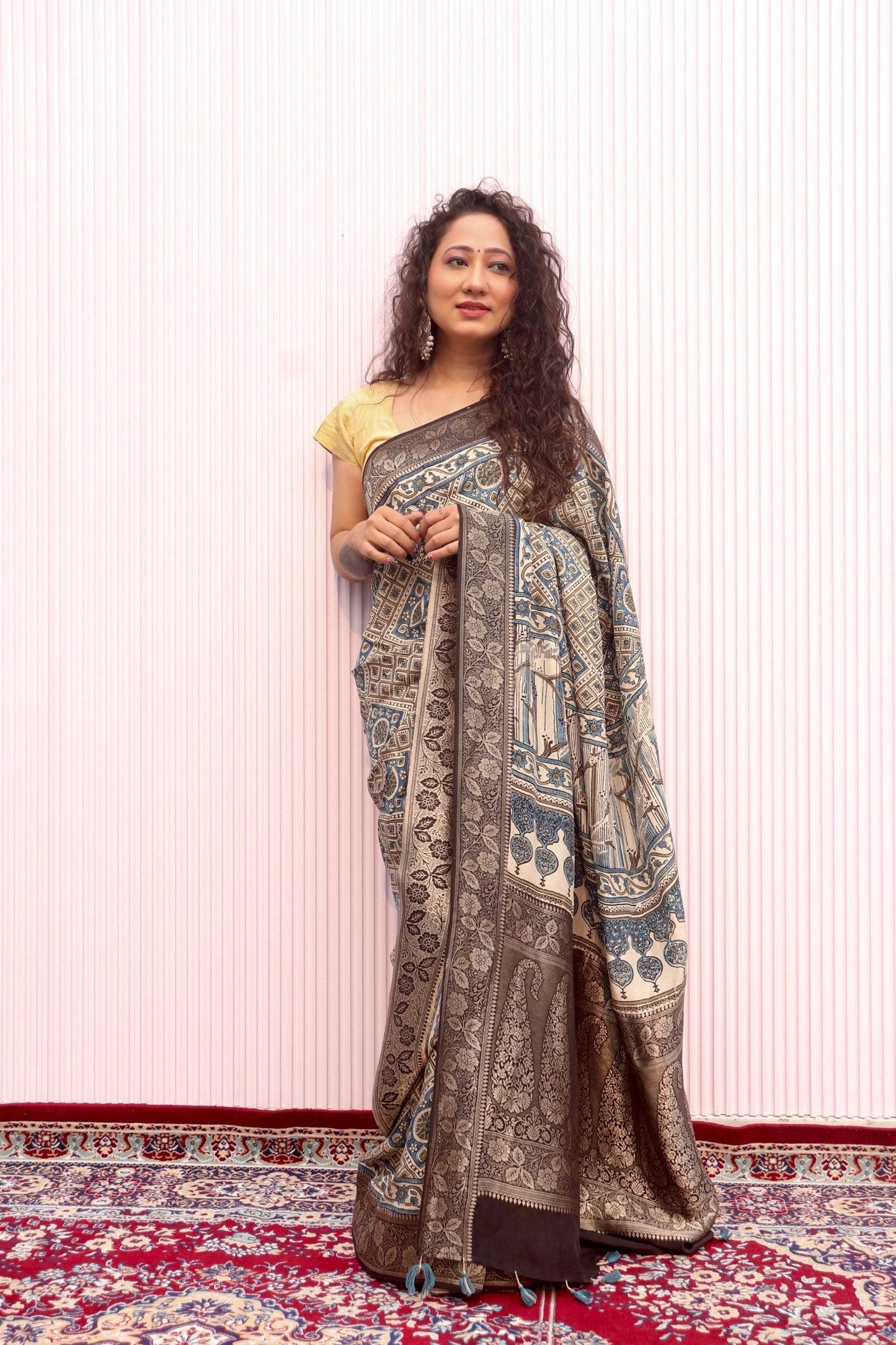Beige - Designer Ajrakh Handblock Premium Dola Silk Saree - Vasaka Jaipur
