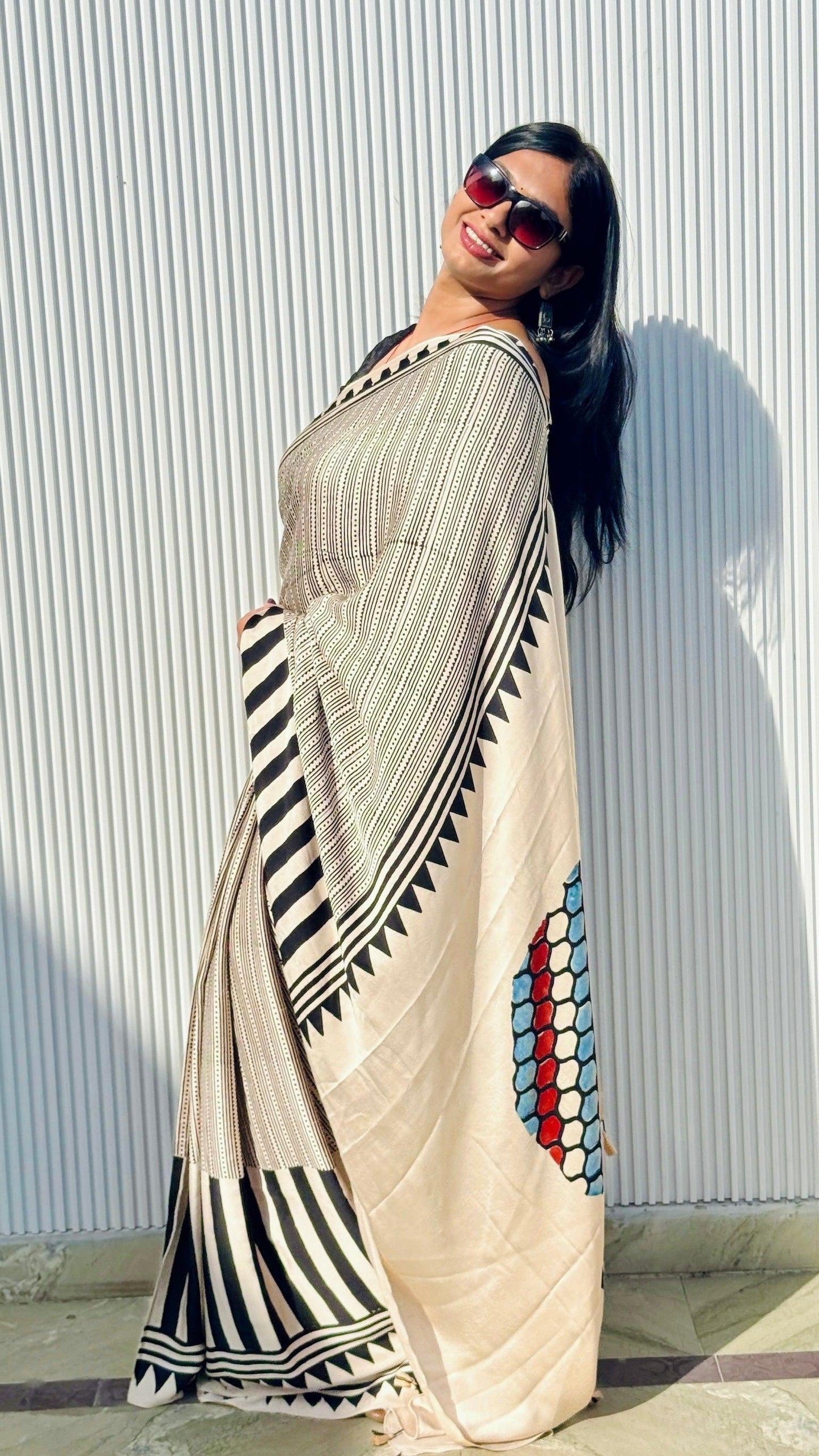 IVORY MUSE: AJRAKH HANDBLOCK MODAL SILK SAREE