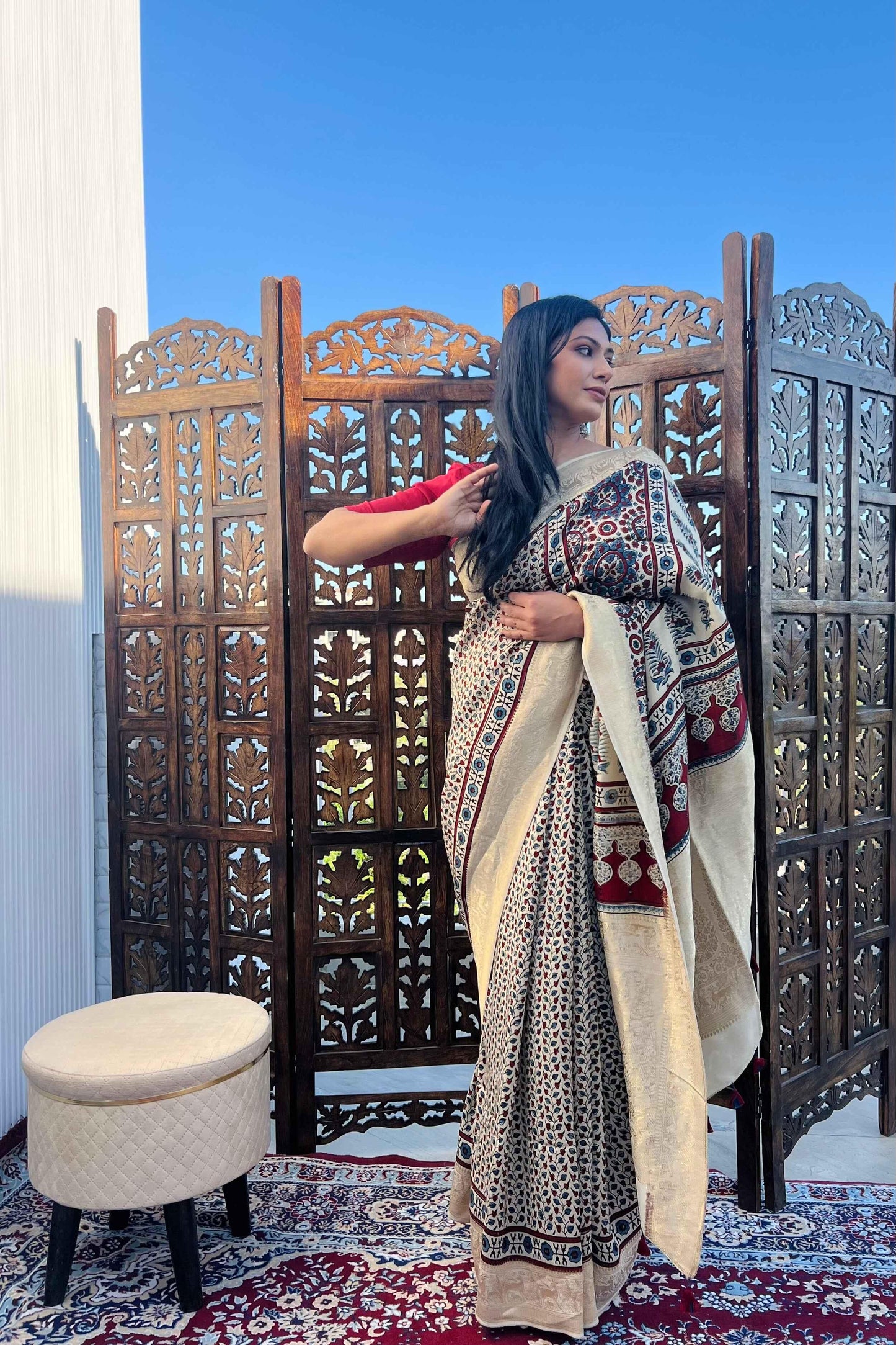 Beige - Designer Ajrakh Handblock Premium Dola Silk Saree