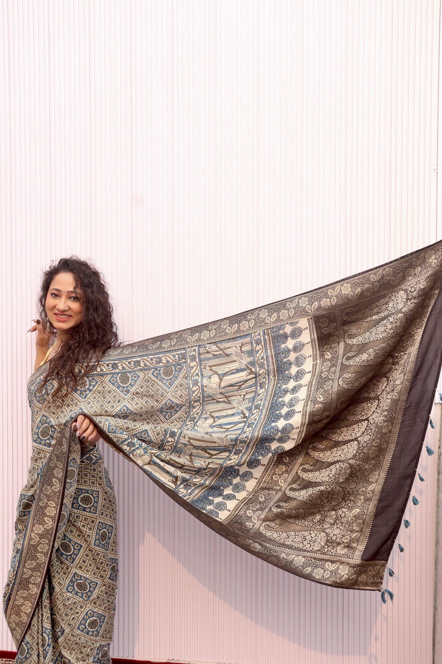 Beige - Designer Ajrakh Handblock Premium Dola Silk Saree - Vasaka Jaipur