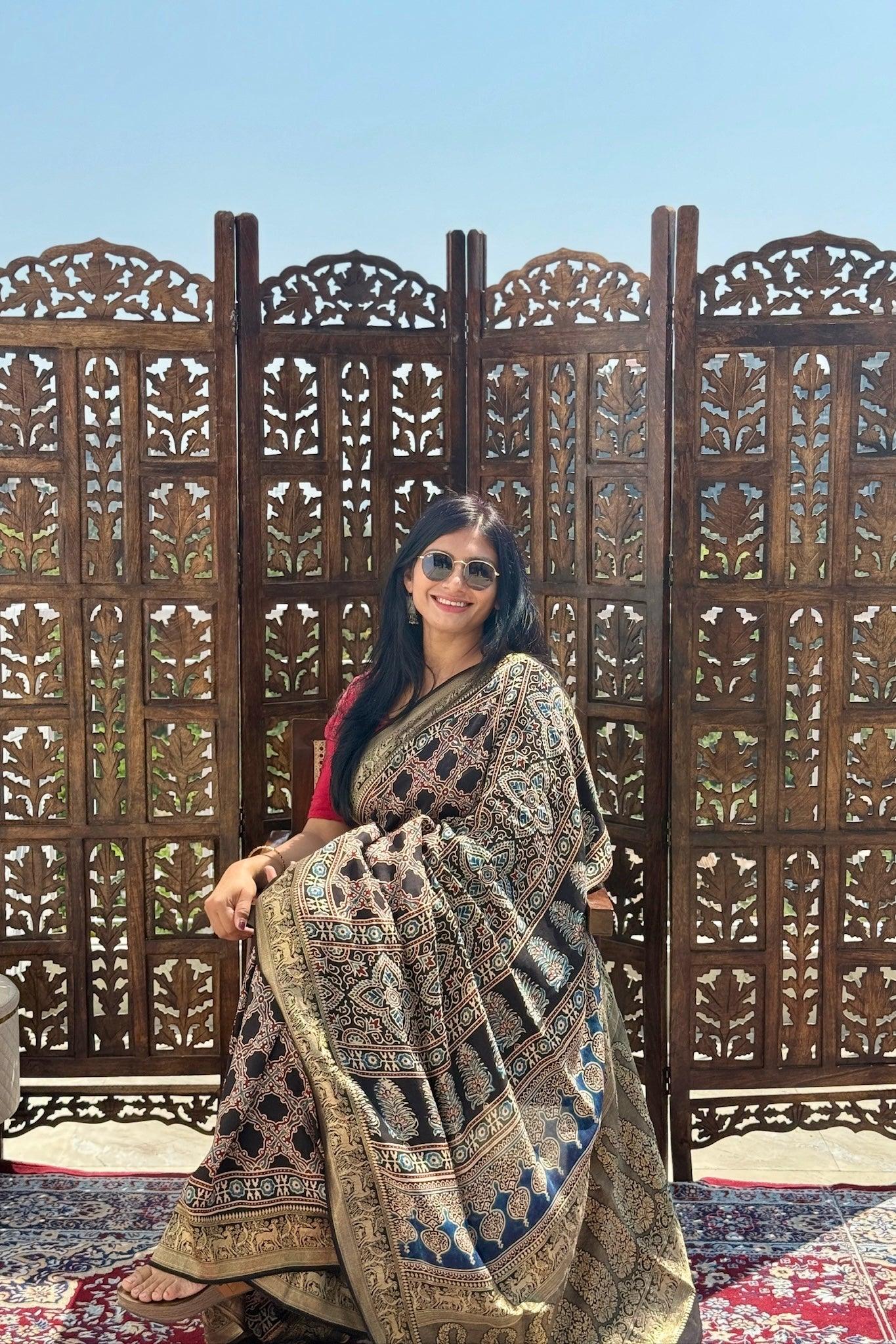 Black - Designer Ajrakh Handblock Premium Dola Silk Saree