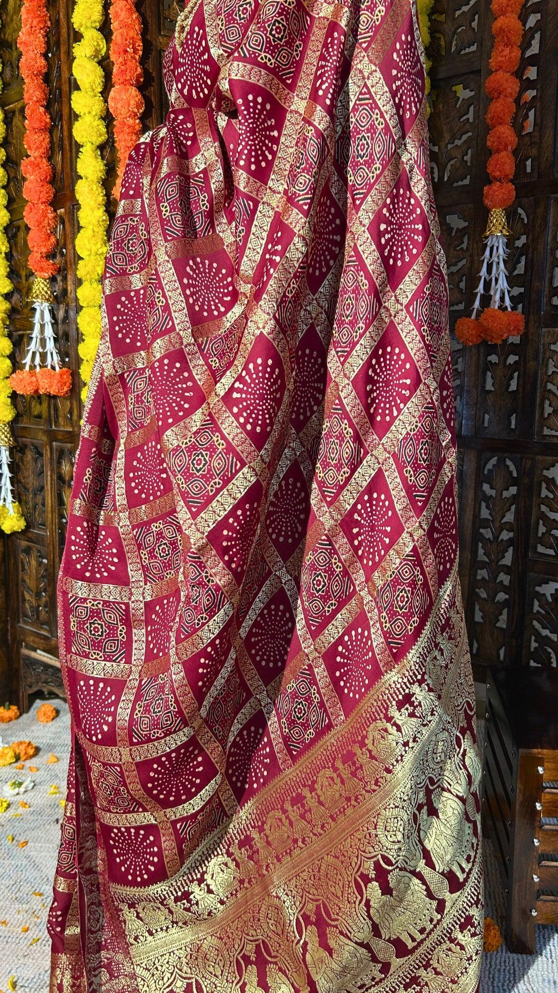 SWARNIMA - Ajrakh Gharchola Red Modal Silk Saree - Vasaka Jaipur