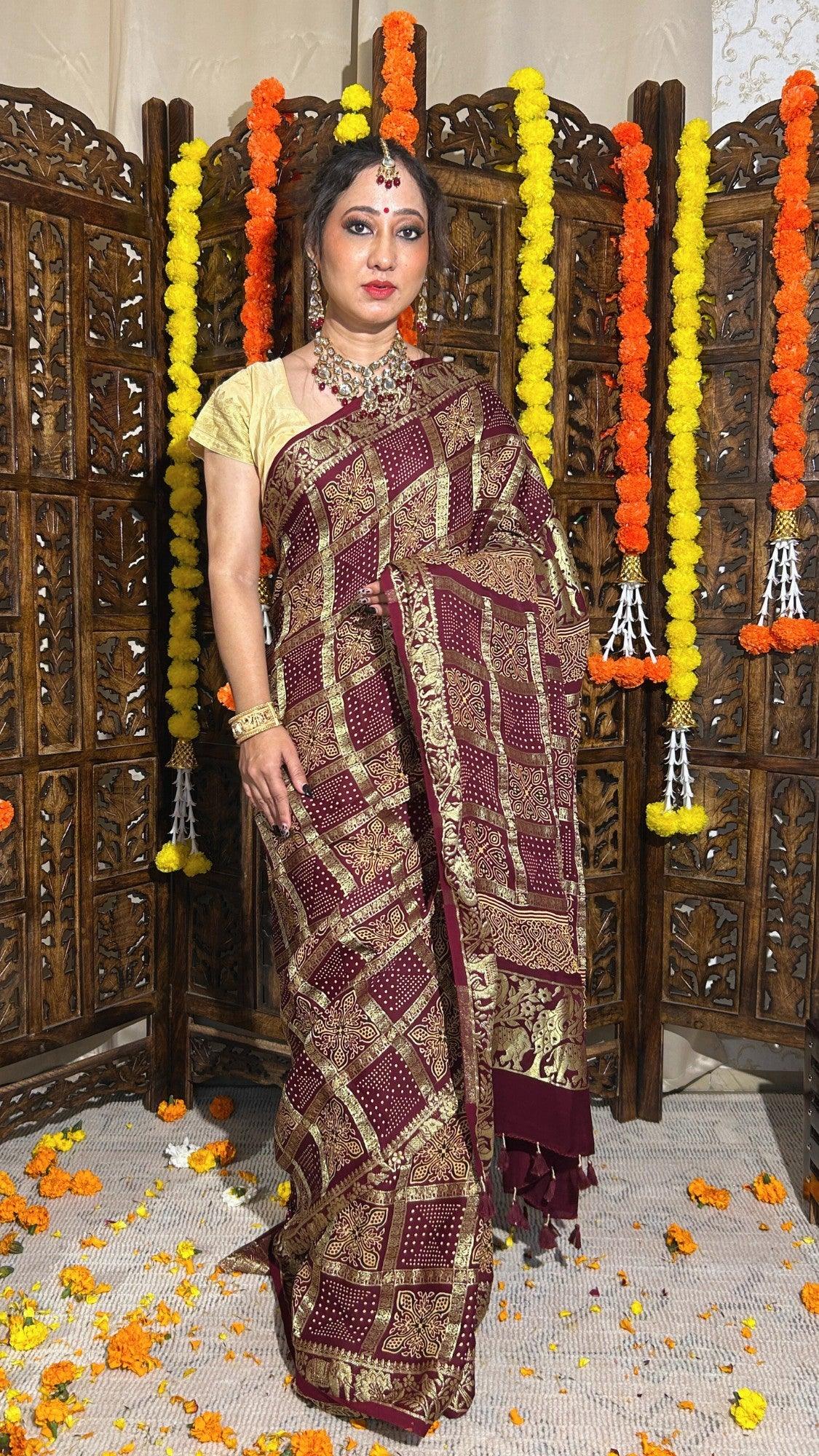 NANDINI - Ajrakh Gharchola Brownish Maroon Gajji Silk Saree - Vasaka Jaipur