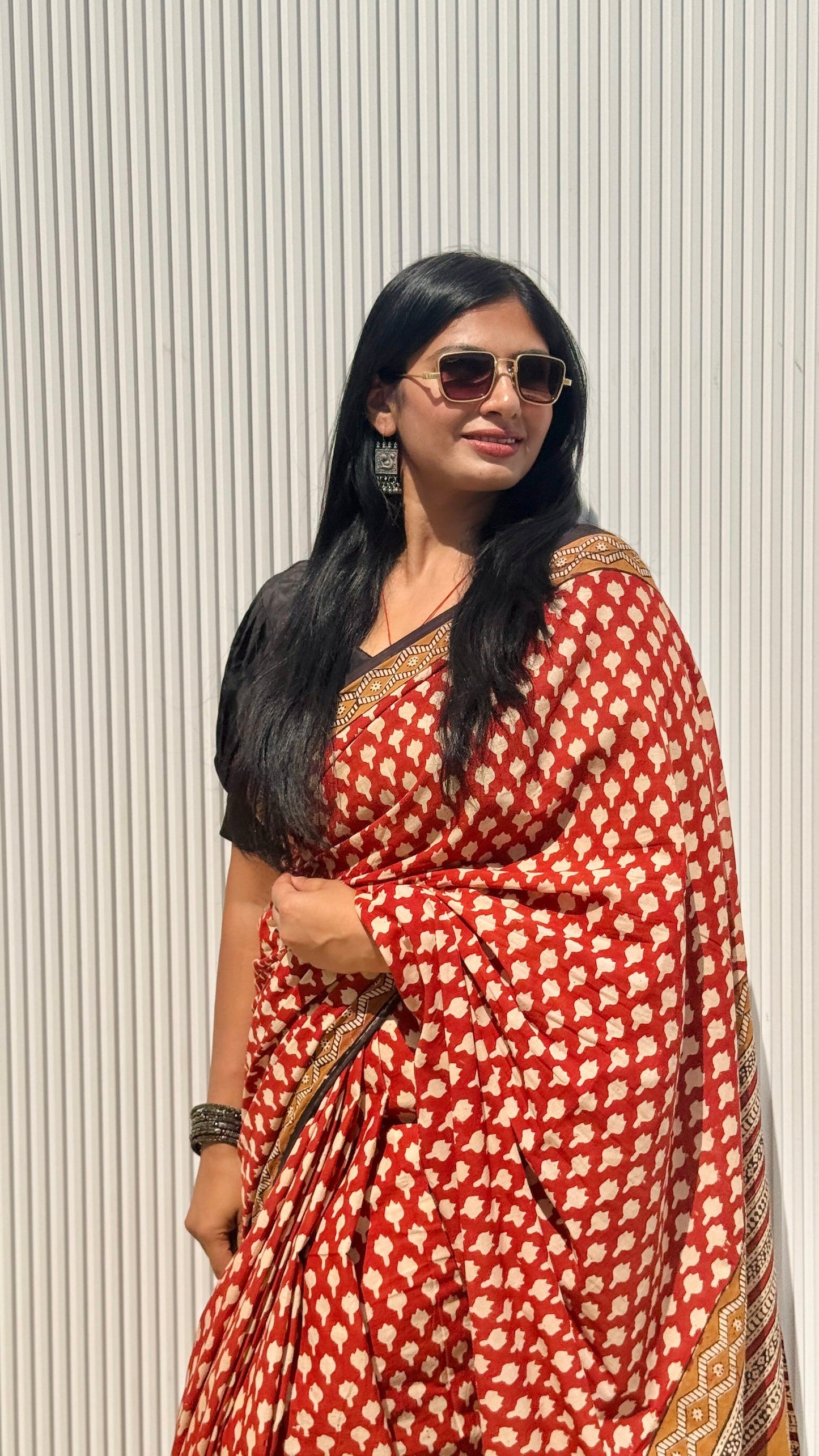 Red Hand Block Printed Cotton Saree