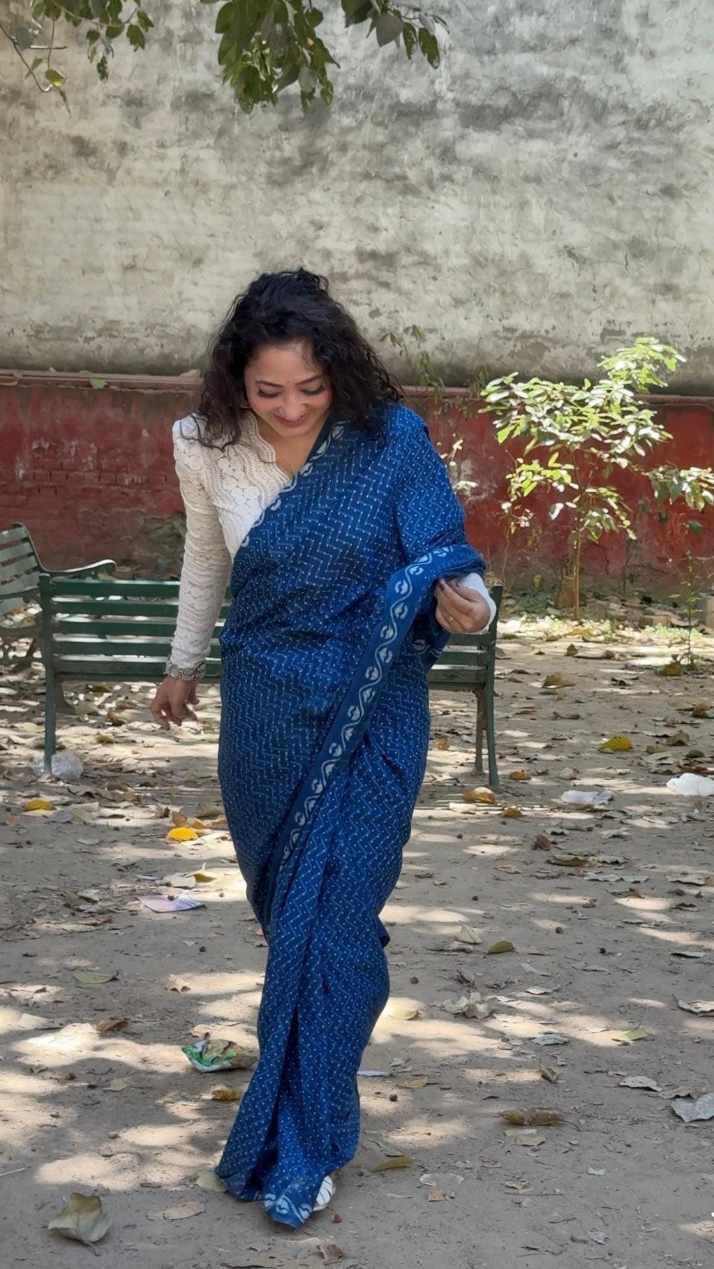 NISHKA_ Indigo Natural Dye Dabu HBP Mul Cotton Saree