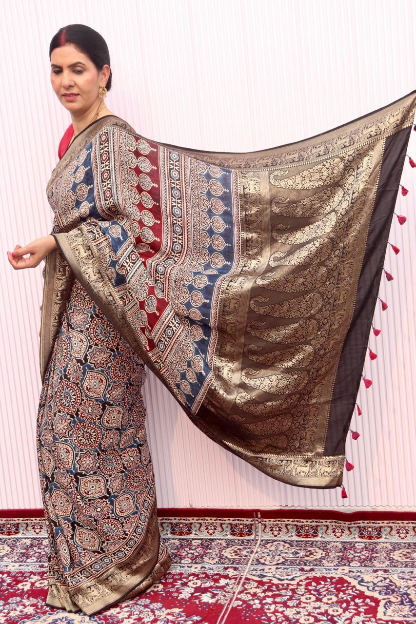 Black- Designer Ajrakh Handblock Premium Dola Silk Saree - Vasaka Jaipur