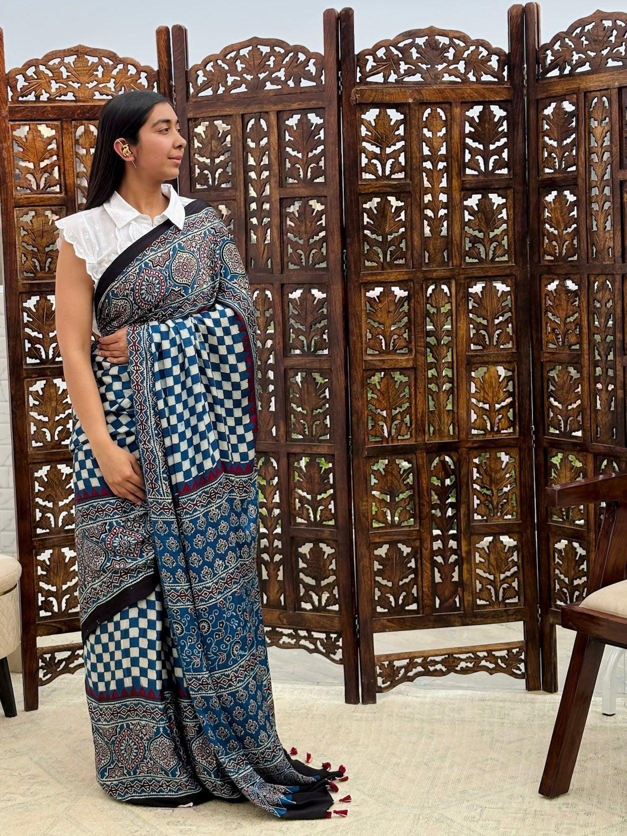 NEELIMA : AJRAKH HANDBLOCK MODAL SILK SAREE