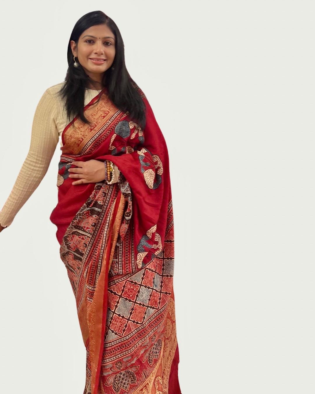 Red - Designer Ajrakh Handblock Premium Dola Silk Saree - Vasaka Jaipur