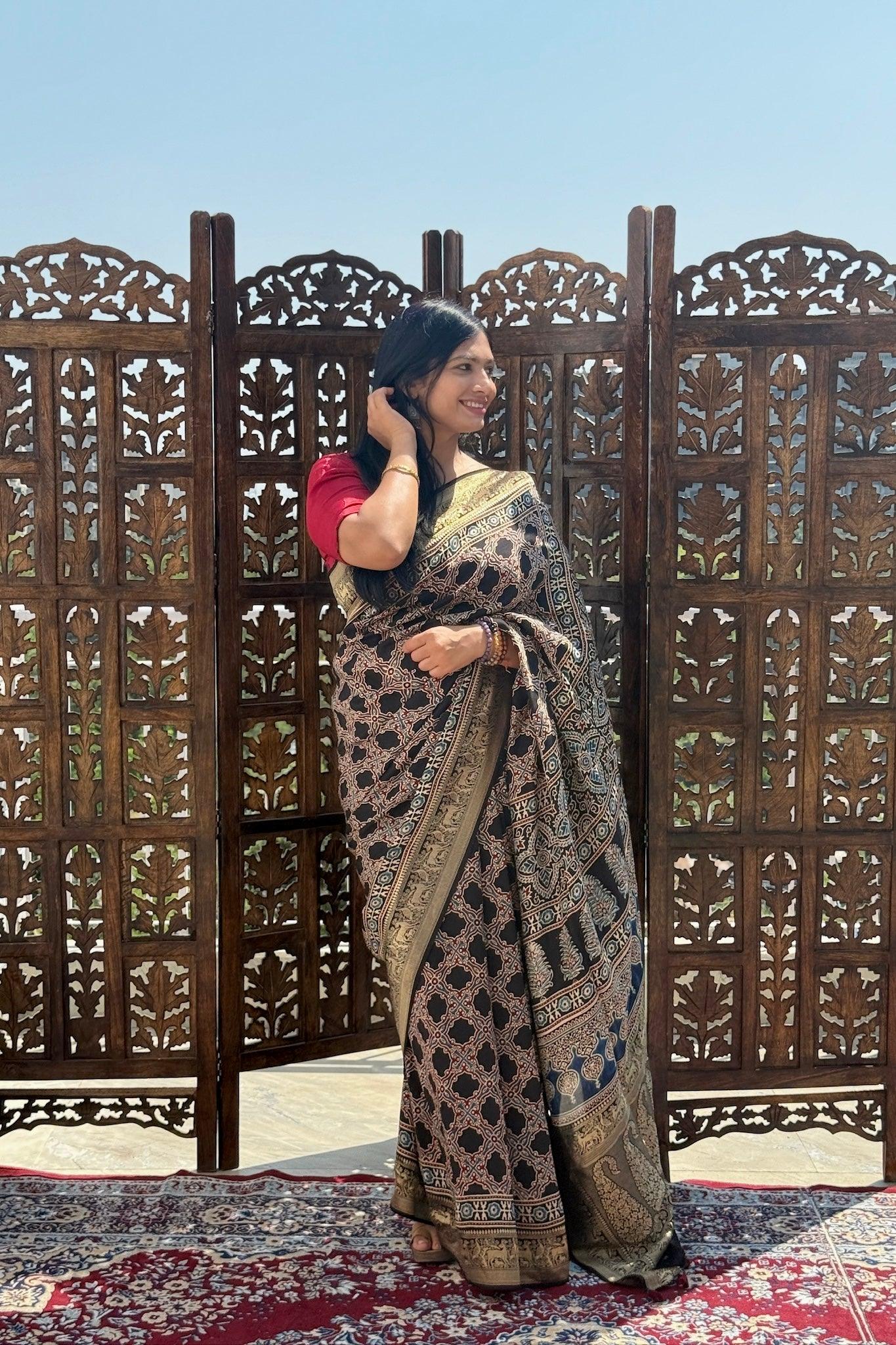 Black - Designer Ajrakh Handblock Premium Dola Silk Saree