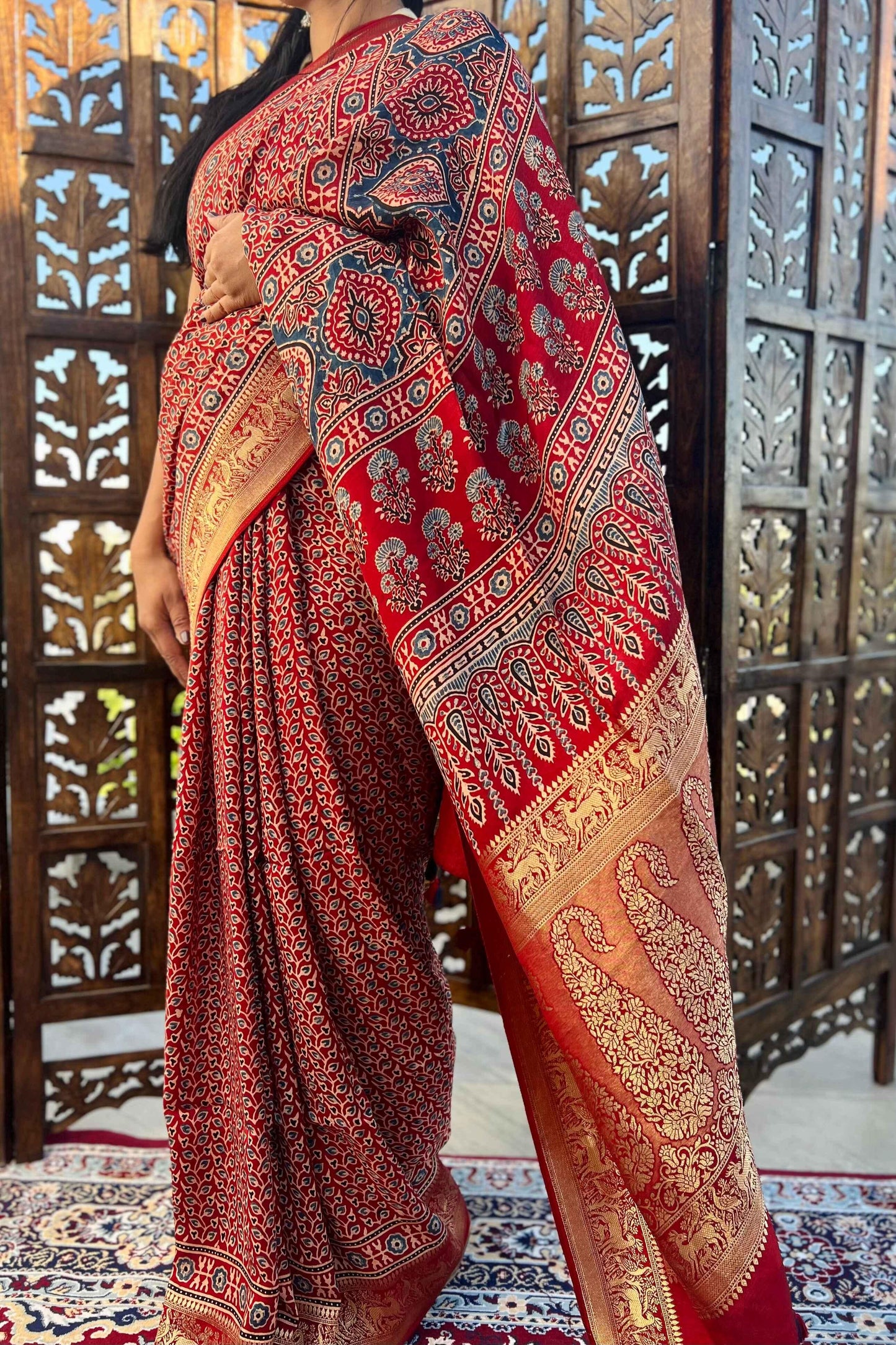 Red - Designer Ajrakh Handblock Premium Dola Silk Saree