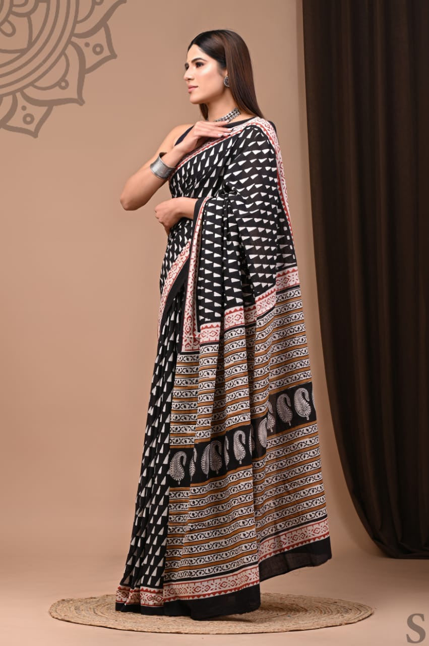 Black - Triangle Hand Block Print Cotton Saree