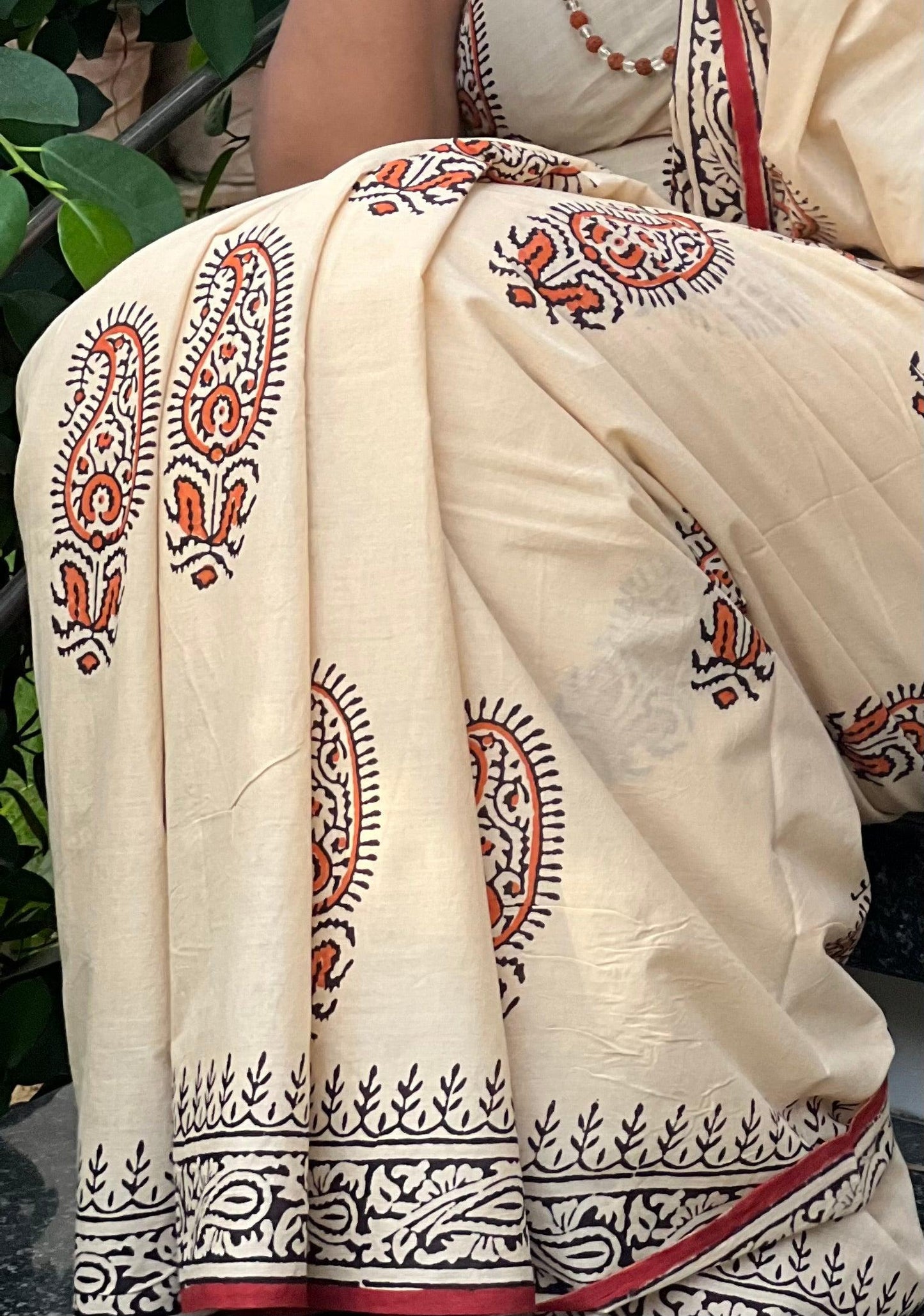 Beige Paisely Hand Block Printed Cotton Saree - Vasaka Jaipur