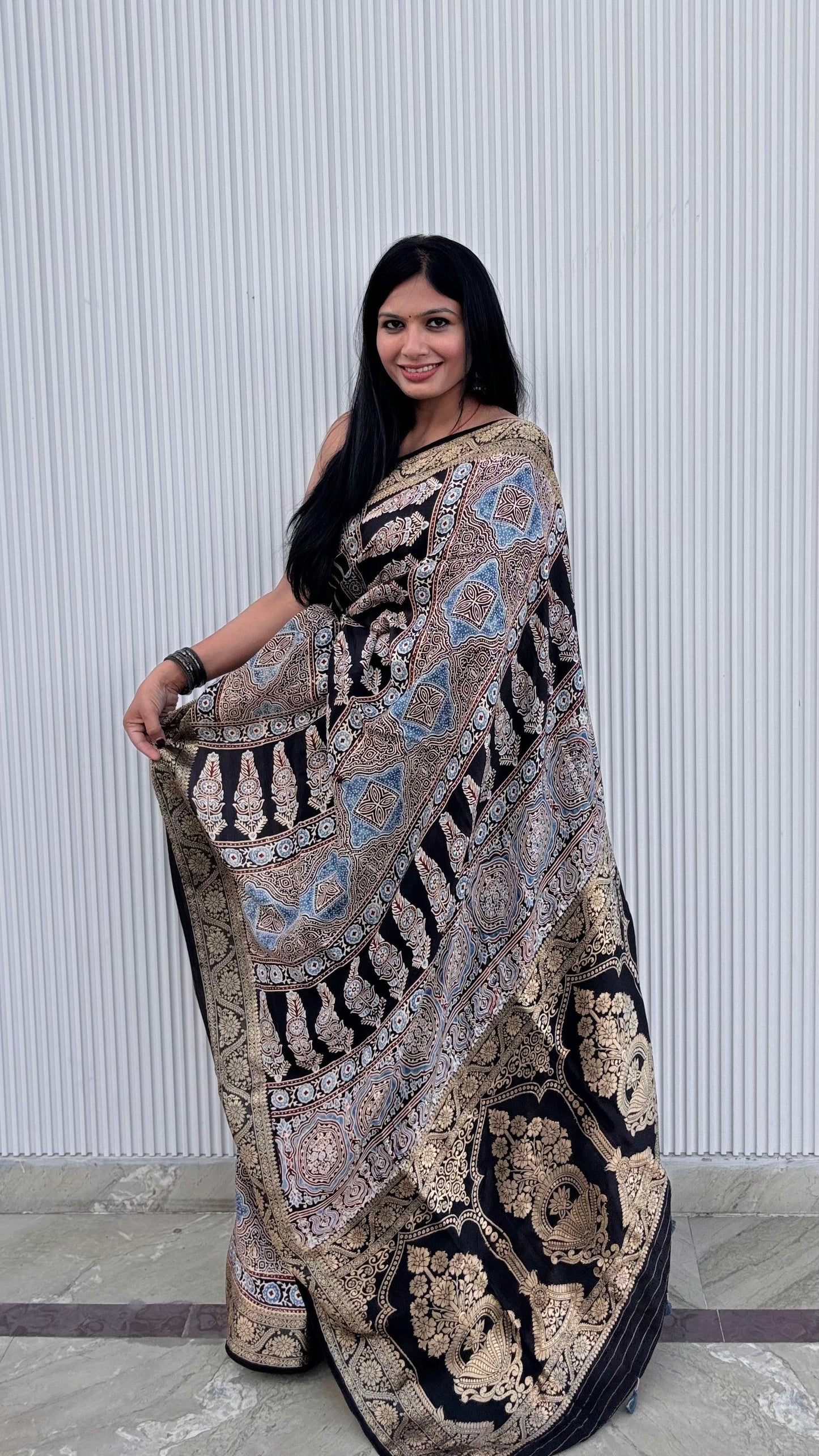 Black - Ajrakh Handblock Dola Silk Saree