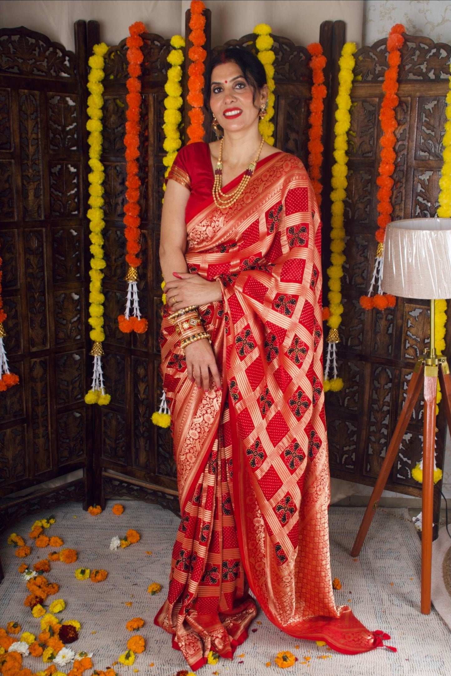 MADHURIMA - Ajrakh Gharchola Red Modal Silk Saree - Vasaka Jaipur