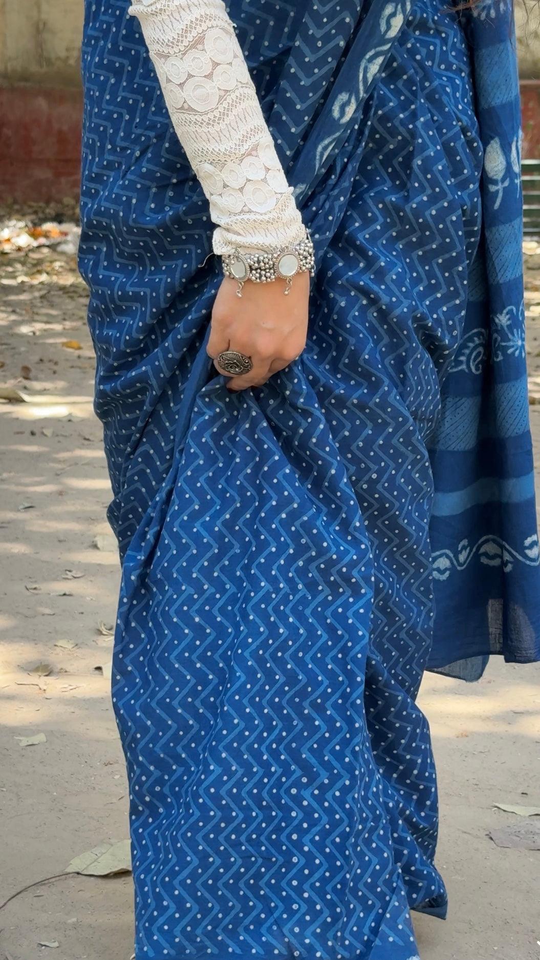 NISHKA_ Indigo Natural Dye Dabu HBP Mul Cotton Saree