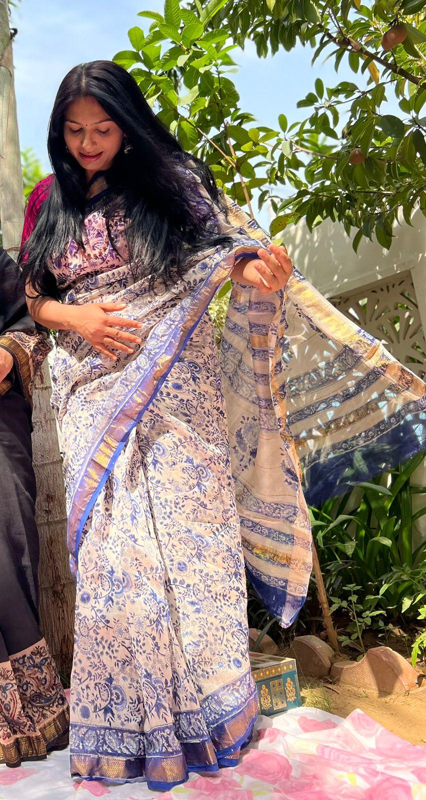 White Ink Blue-Handblock Maheshwari Silk Saree - Vasaka Jaipur