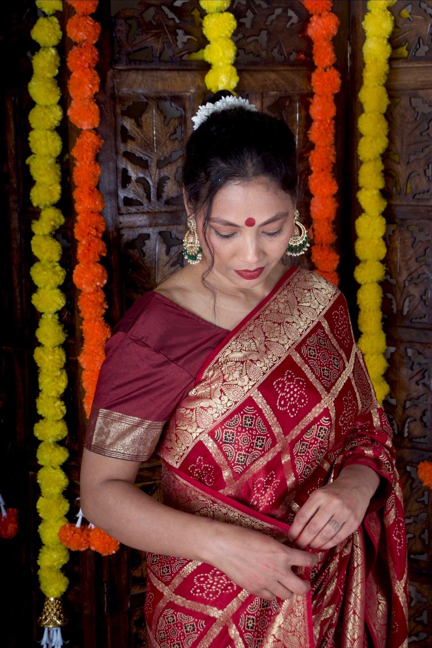 CHANDRIKA - Ajrakh Gharchola Red Modal Silk Saree - Vasaka Jaipur